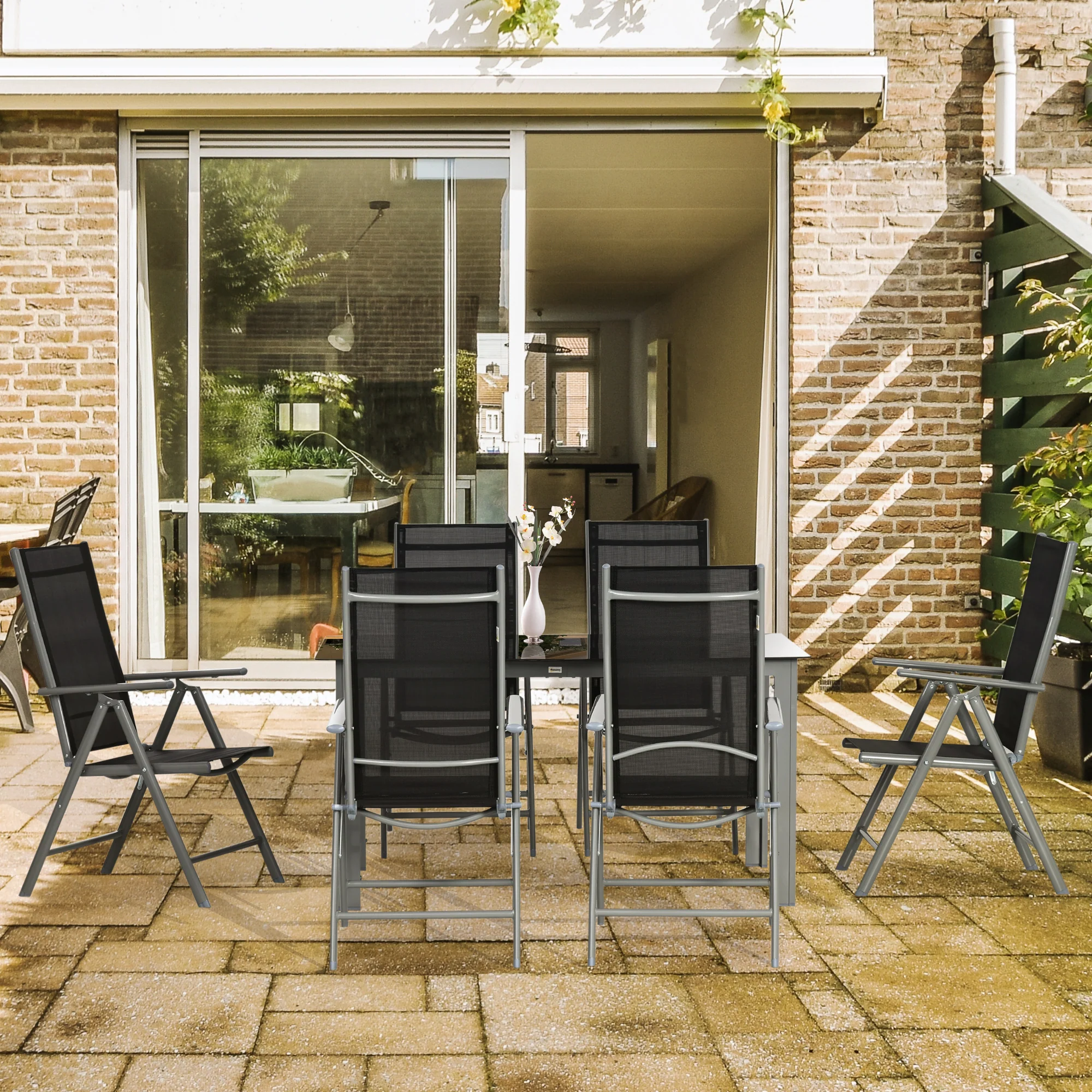 7 Piece Garden Dining Set, Outdoor Table and 6 Folding and Reclining Chairs, Aluminium Frame, Tempered Glass Top Table, Texteline Seats, Black - Image 4