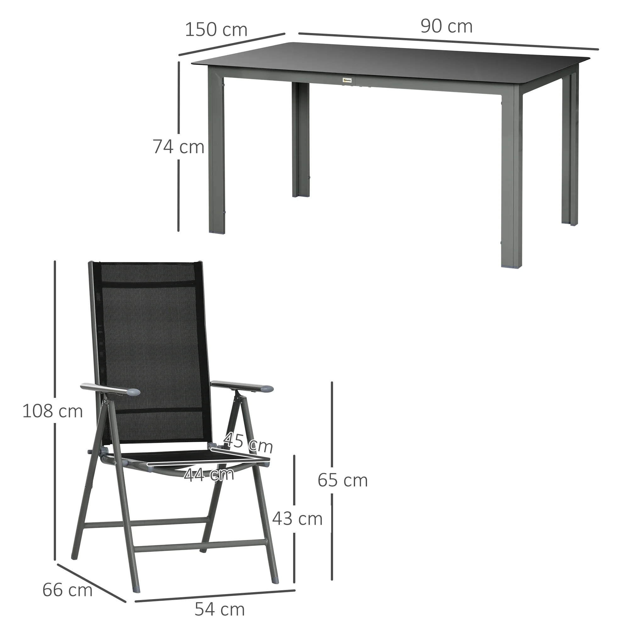 7 Piece Garden Dining Set, Outdoor Table and 6 Folding and Reclining Chairs, Aluminium Frame, Tempered Glass Top Table, Texteline Seats, Black - Image 5