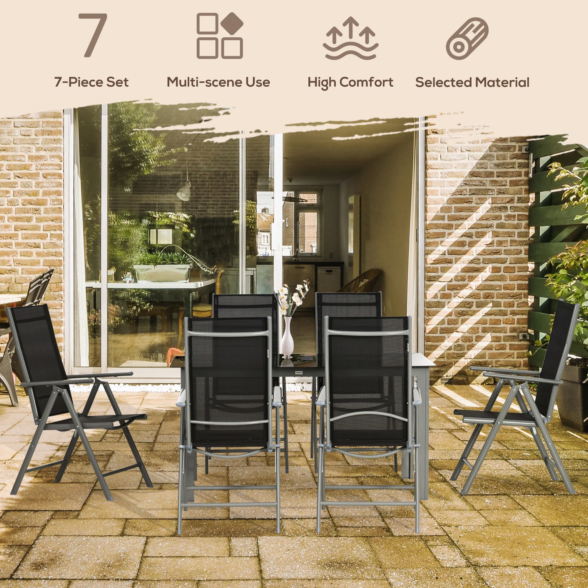 7 Piece Garden Dining Set, Outdoor Table and 6 Folding and Reclining Chairs, Aluminium Frame, Tempered Glass Top Table, Texteline Seats, Black - Image 6