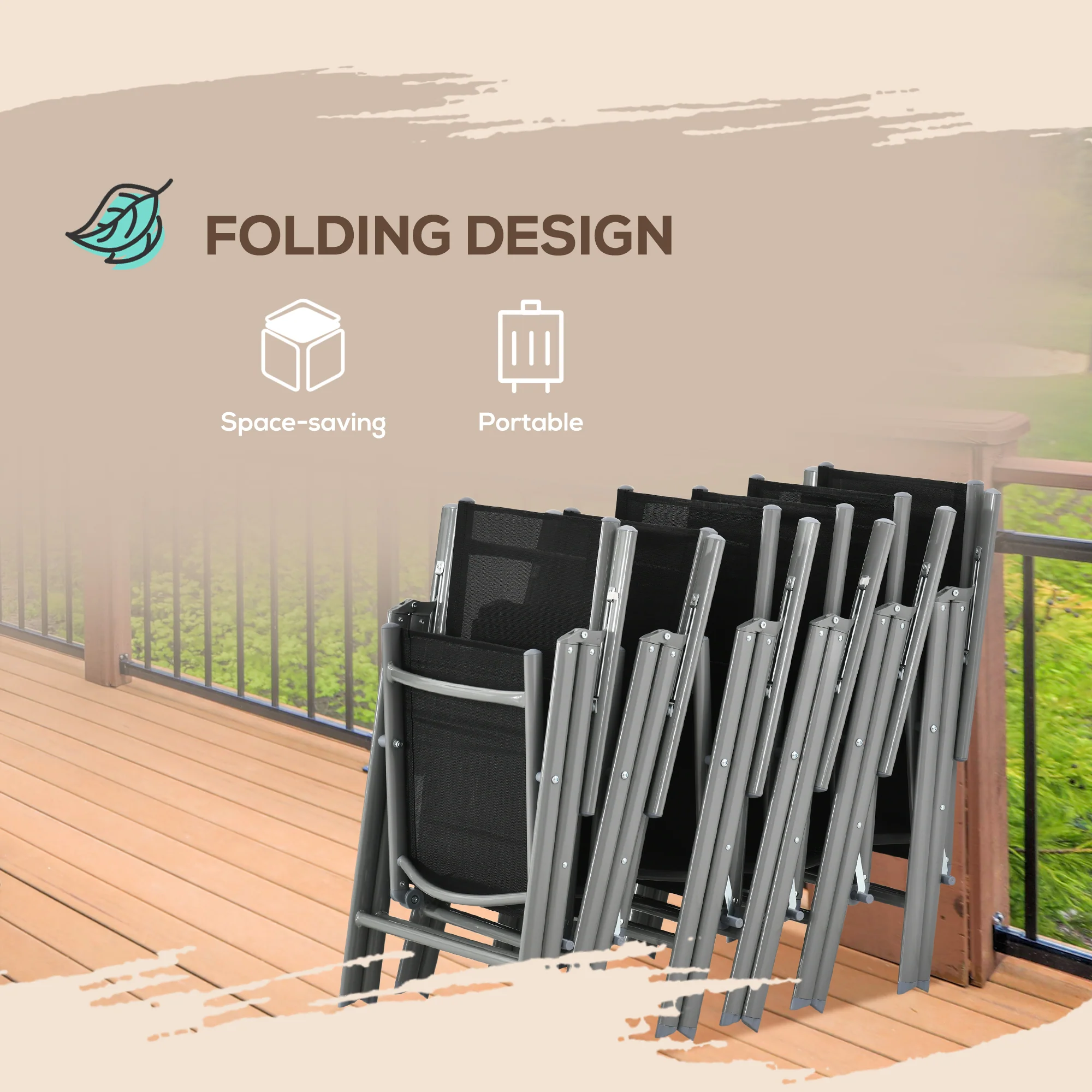 7 Piece Garden Dining Set, Outdoor Table and 6 Folding and Reclining Chairs, Aluminium Frame, Tempered Glass Top Table, Texteline Seats, Black - Image 7