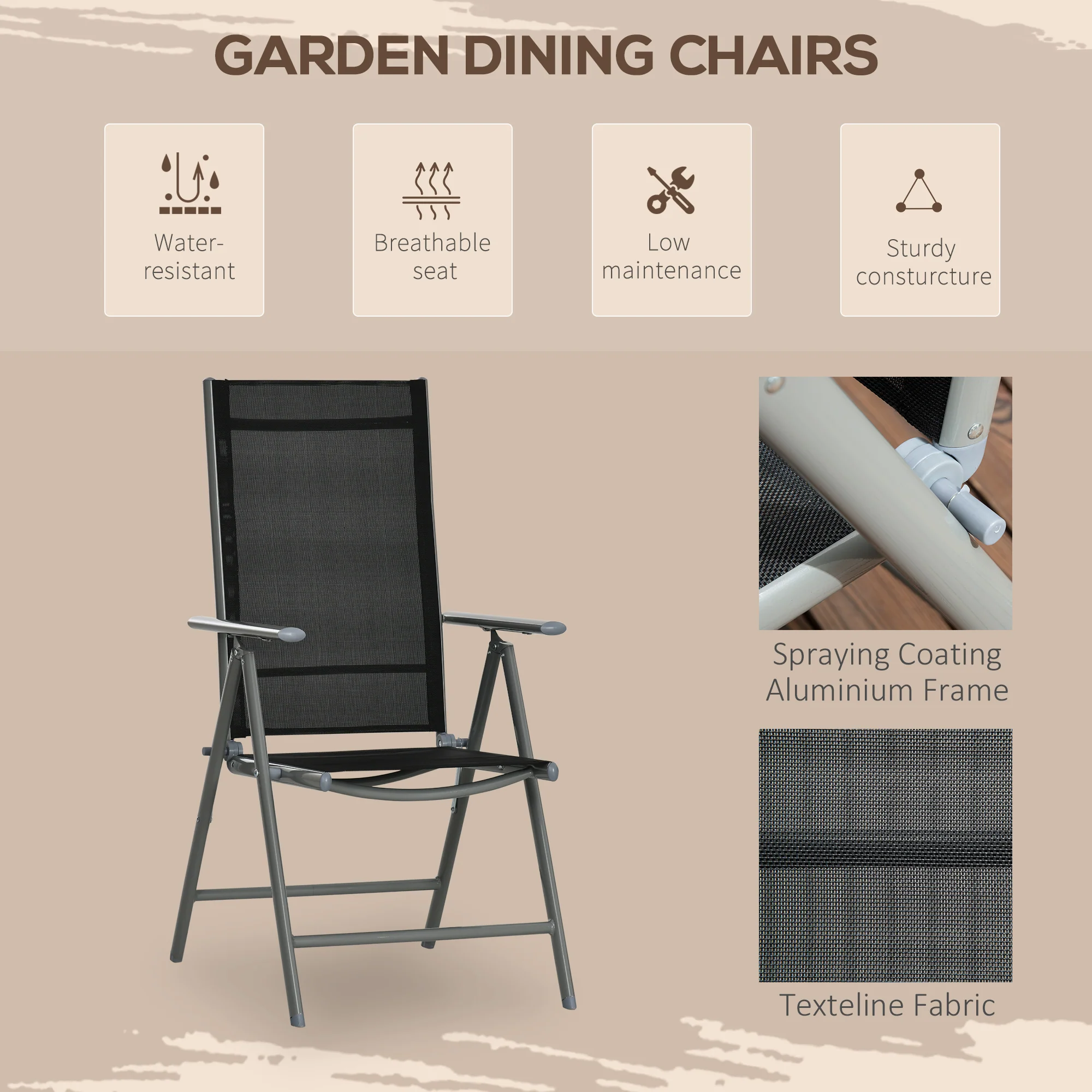 7 Piece Garden Dining Set, Outdoor Table and 6 Folding and Reclining Chairs, Aluminium Frame, Tempered Glass Top Table, Texteline Seats, Black - Image 9