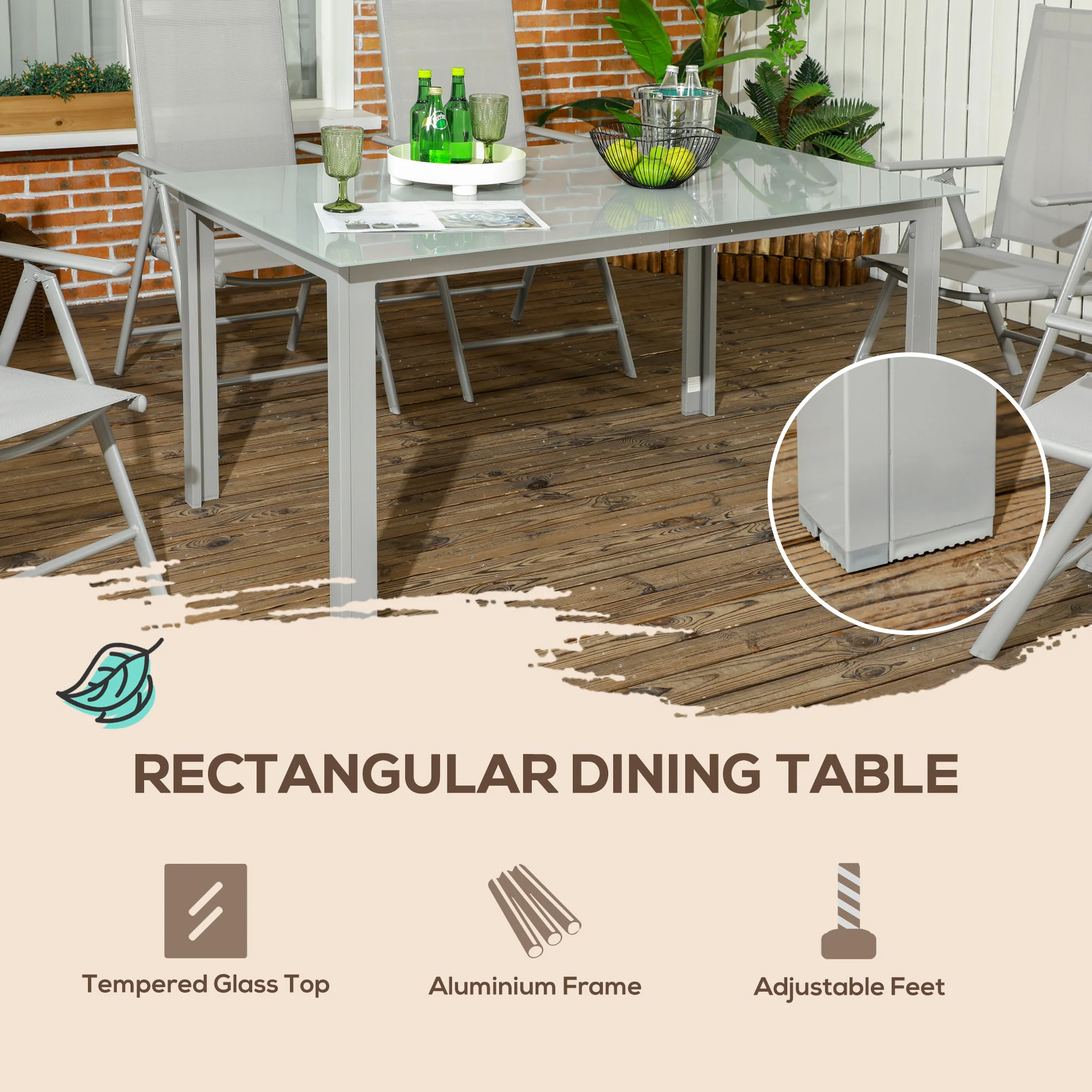 7 Piece Garden Dining Set, Outdoor Table and 6 Folding and Reclining Chairs, Aluminium Frame, Tempered Glass Top Table, Texteline Seats, Grey - Image 10