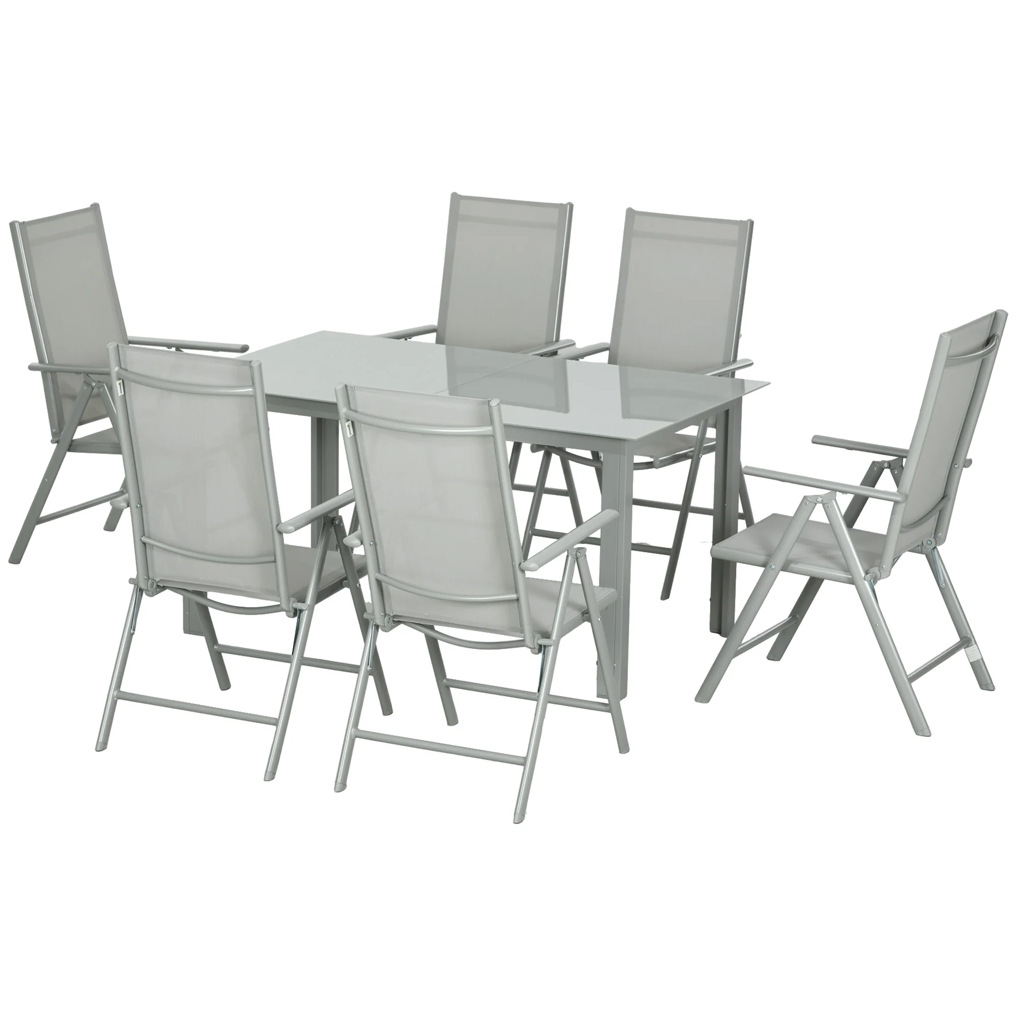 7 Piece Garden Dining Set, Outdoor Table and 6 Folding and Reclining Chairs, Aluminium Frame, Tempered Glass Top Table, Texteline Seats, Grey - Image 2