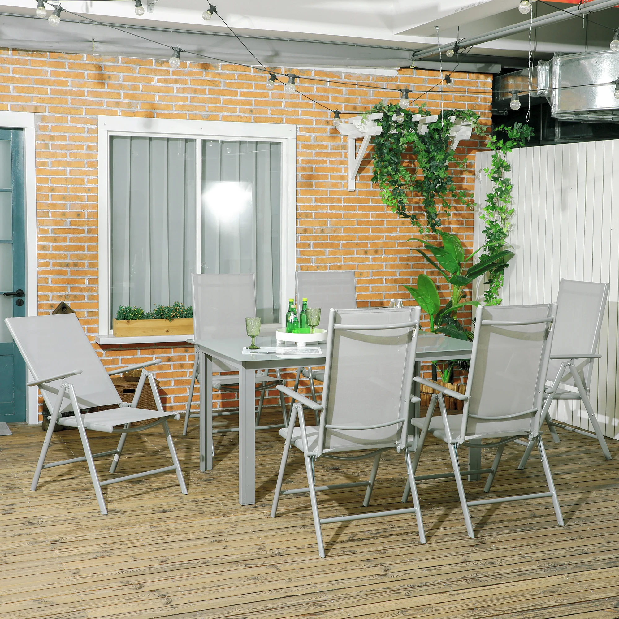 7 Piece Garden Dining Set, Outdoor Table and 6 Folding and Reclining Chairs, Aluminium Frame, Tempered Glass Top Table, Texteline Seats, Grey - Image 3