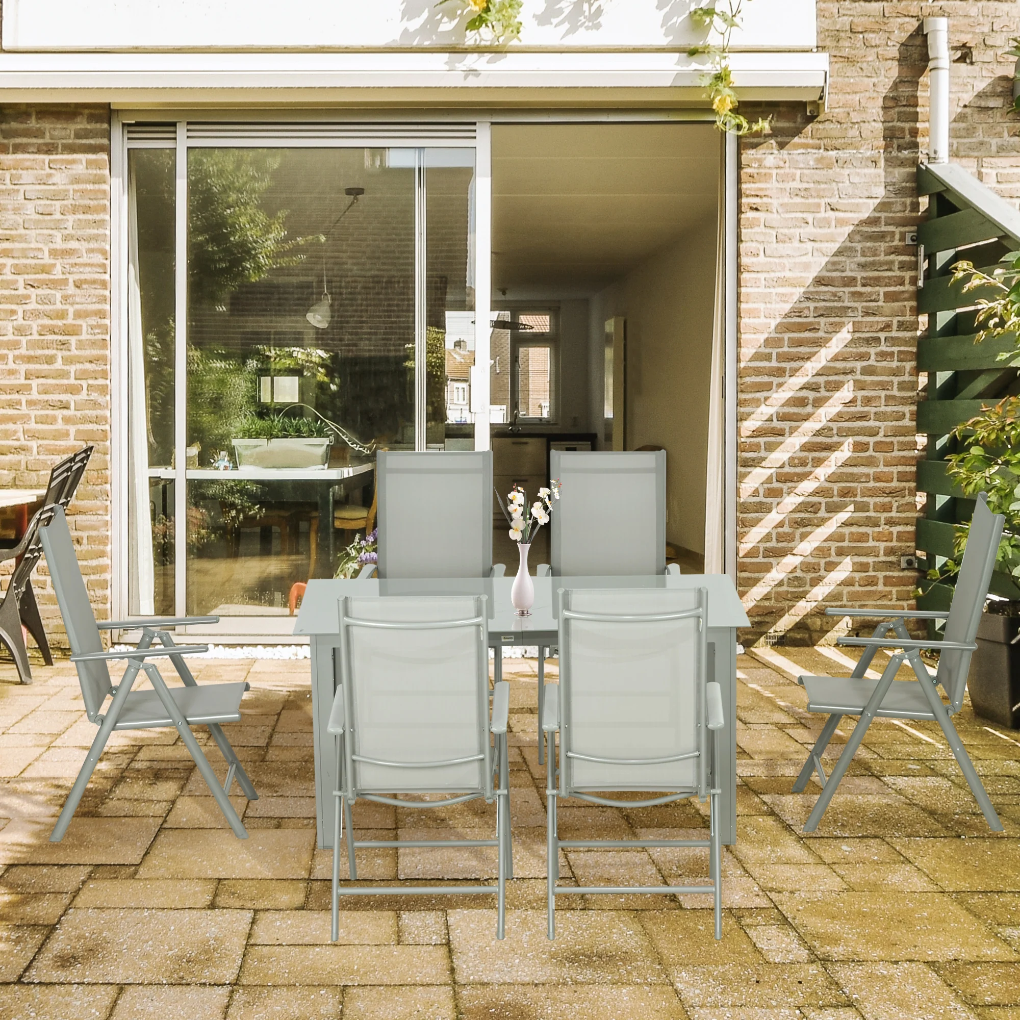 7 Piece Garden Dining Set, Outdoor Table and 6 Folding and Reclining Chairs, Aluminium Frame, Tempered Glass Top Table, Texteline Seats, Grey - Image 4