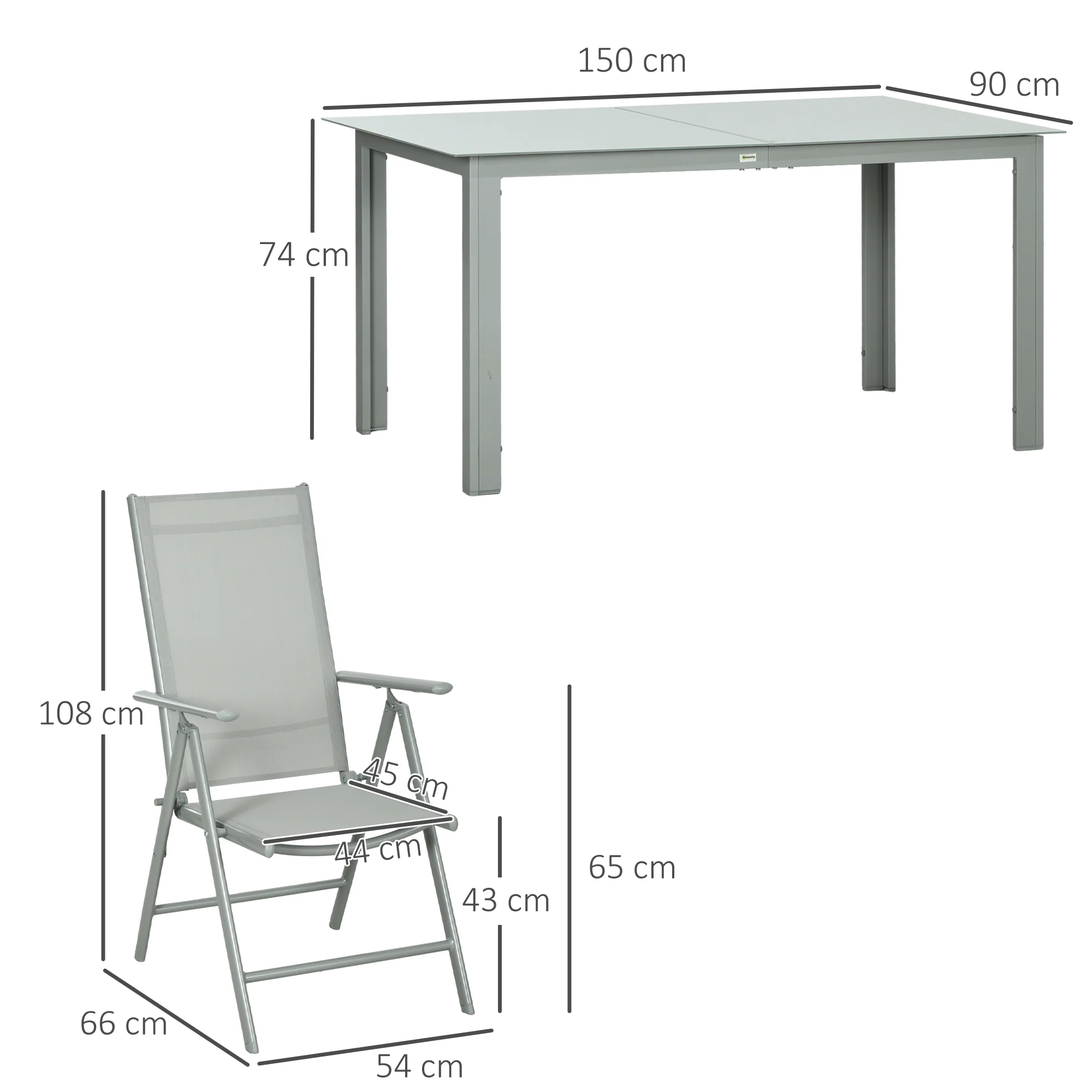 7 Piece Garden Dining Set, Outdoor Table and 6 Folding and Reclining Chairs, Aluminium Frame, Tempered Glass Top Table, Texteline Seats, Grey - Image 5