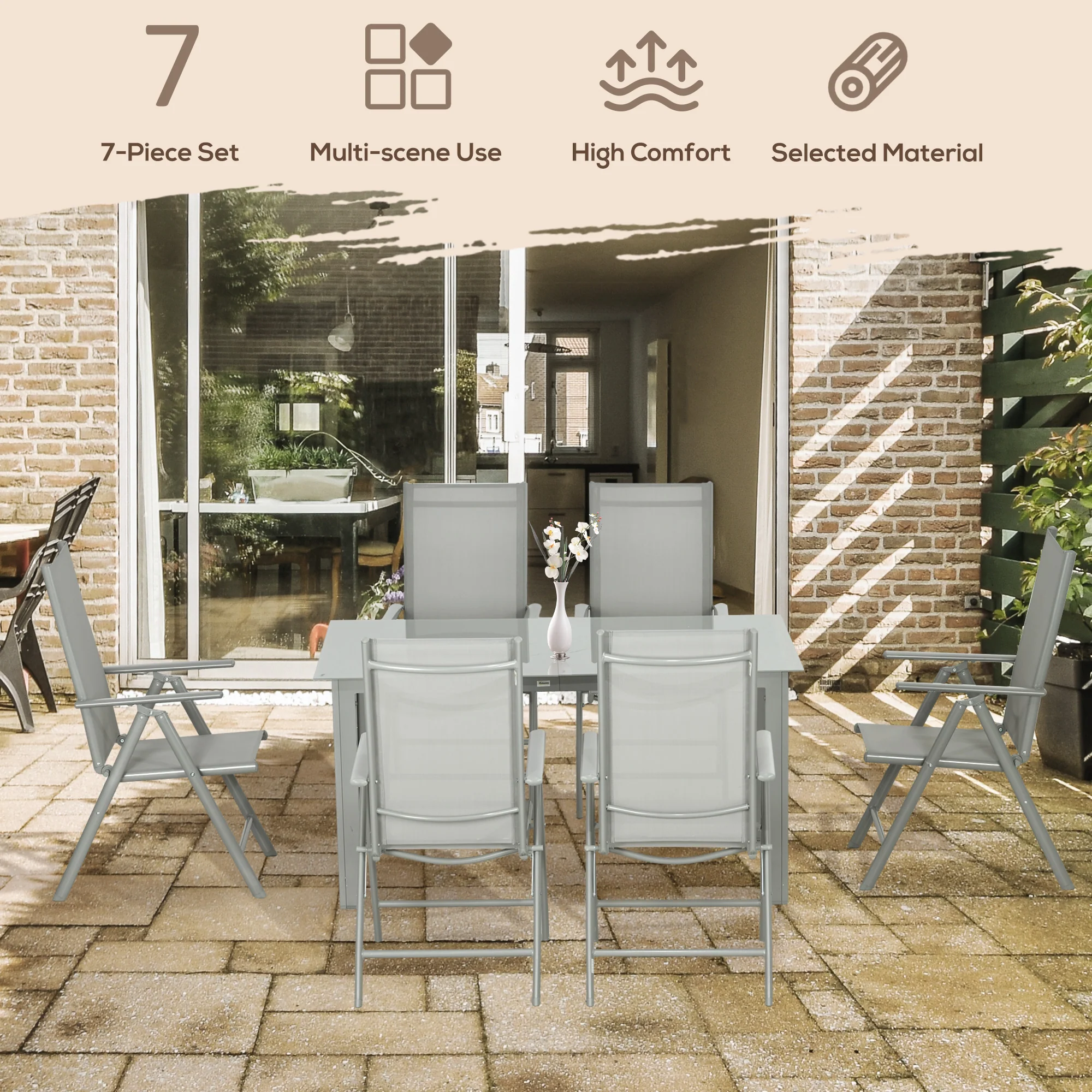 7 Piece Garden Dining Set, Outdoor Table and 6 Folding and Reclining Chairs, Aluminium Frame, Tempered Glass Top Table, Texteline Seats, Grey - Image 6