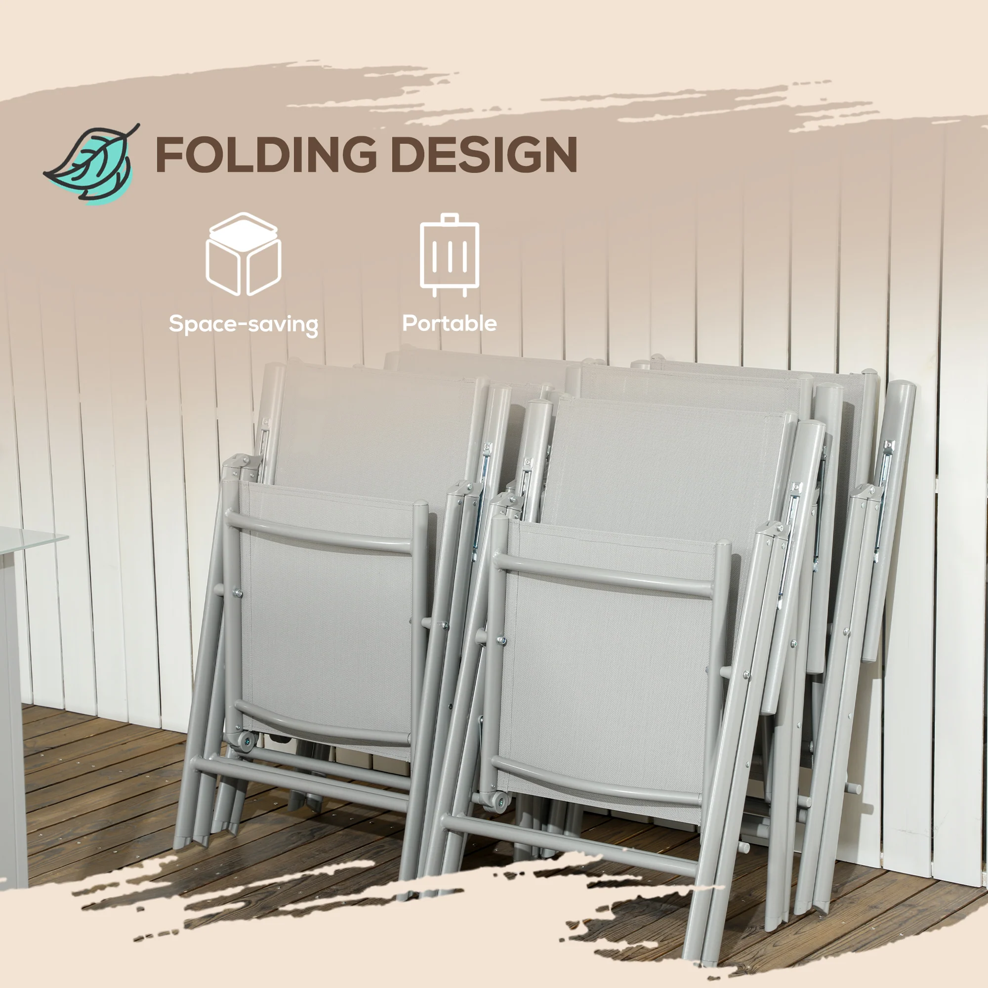 7 Piece Garden Dining Set, Outdoor Table and 6 Folding and Reclining Chairs, Aluminium Frame, Tempered Glass Top Table, Texteline Seats, Grey - Image 7