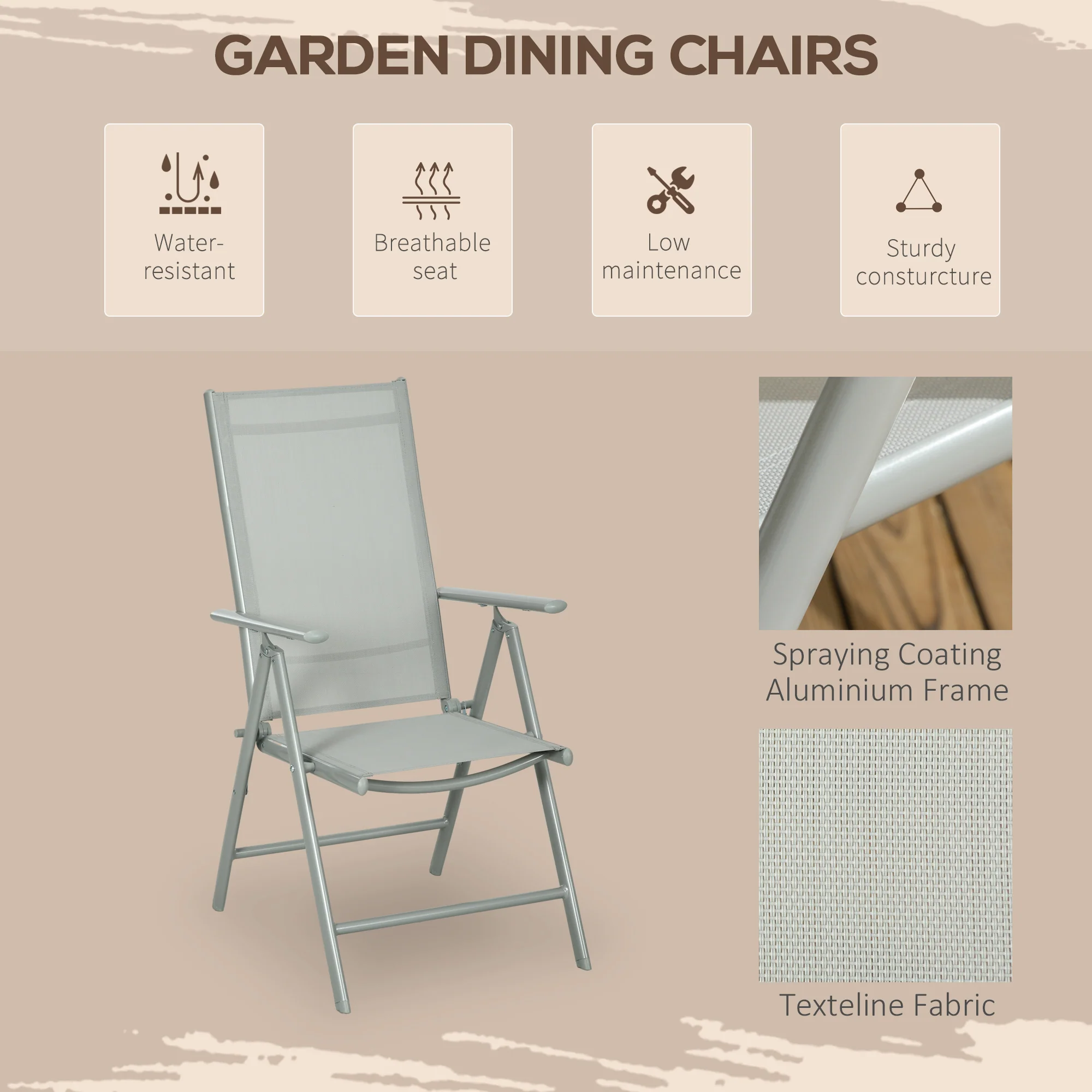 7 Piece Garden Dining Set, Outdoor Table and 6 Folding and Reclining Chairs, Aluminium Frame, Tempered Glass Top Table, Texteline Seats, Grey - Image 9