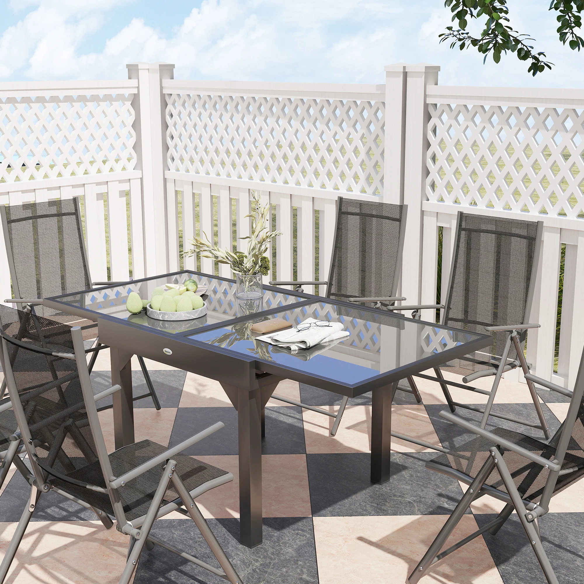 7 Piece Outdoor Dining Set, Garden Furniture Set with Extendable Table and 6 Folding Chairs, Outdoor Conversation Set with 5mm Tempered Glass Top & Aluminium Frame, for Patio, Balcony, Deck - Image 11