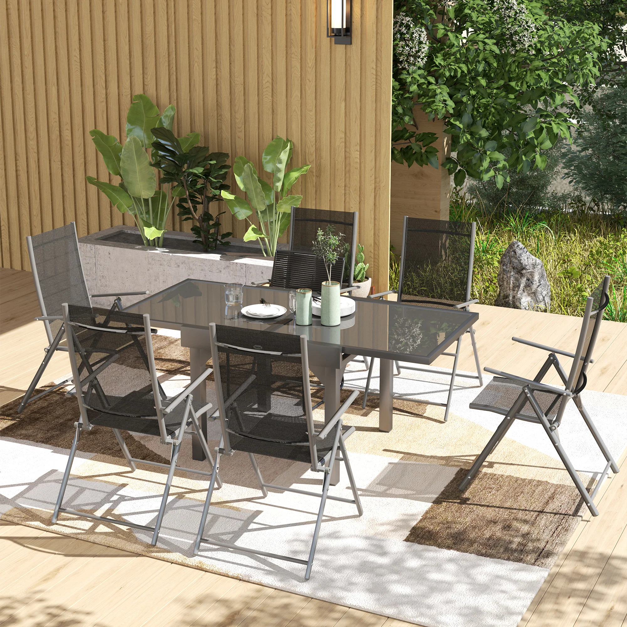 7 Piece Outdoor Dining Set, Garden Furniture Set with Extendable Table and 6 Folding Chairs, Outdoor Conversation Set with 5mm Tempered Glass Top & Aluminium Frame, for Patio, Balcony, Deck - Image 3