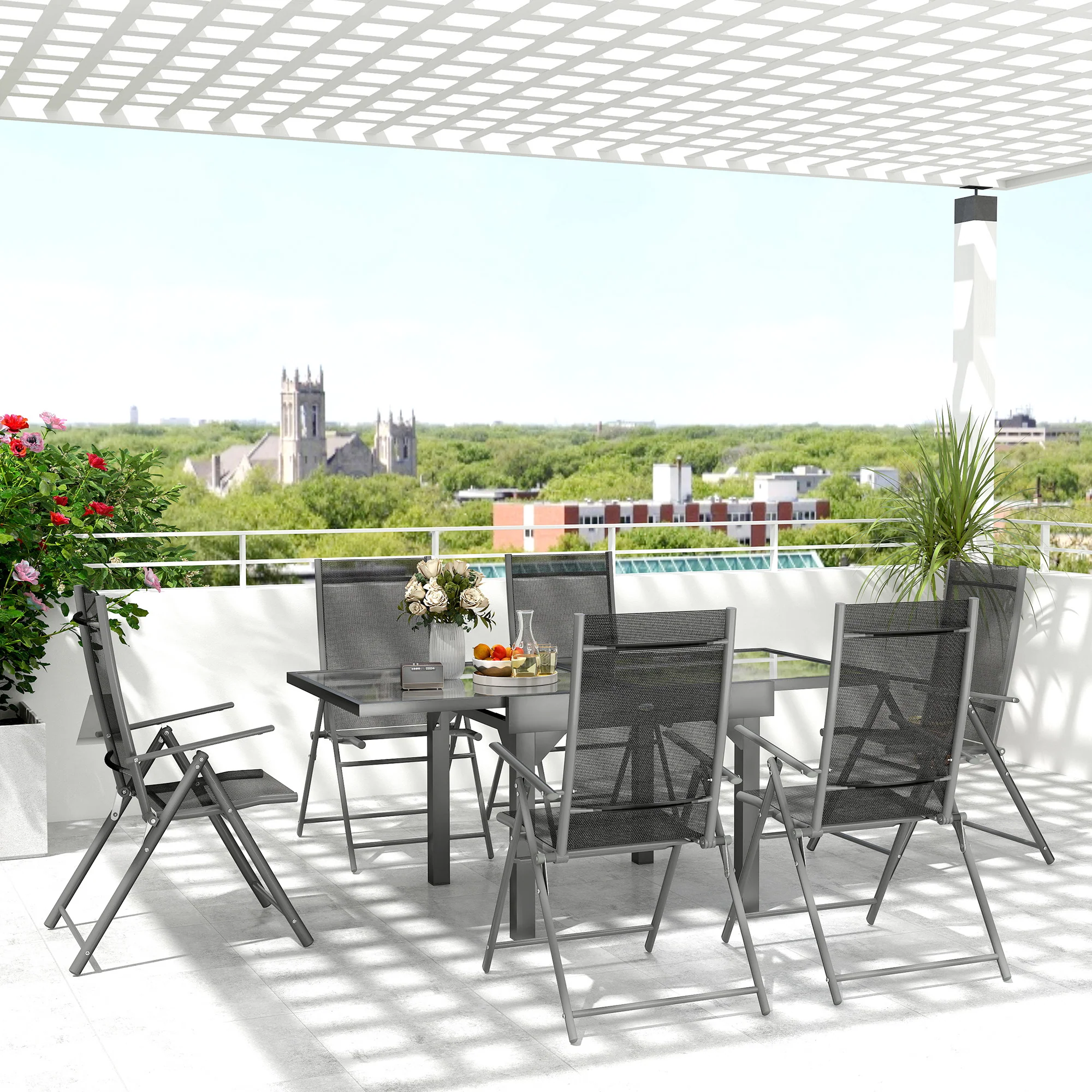 7 Piece Outdoor Dining Set, Garden Furniture Set with Extendable Table and 6 Folding Chairs, Outdoor Conversation Set with 5mm Tempered Glass Top & Aluminium Frame, for Patio, Balcony, Deck - Image 4