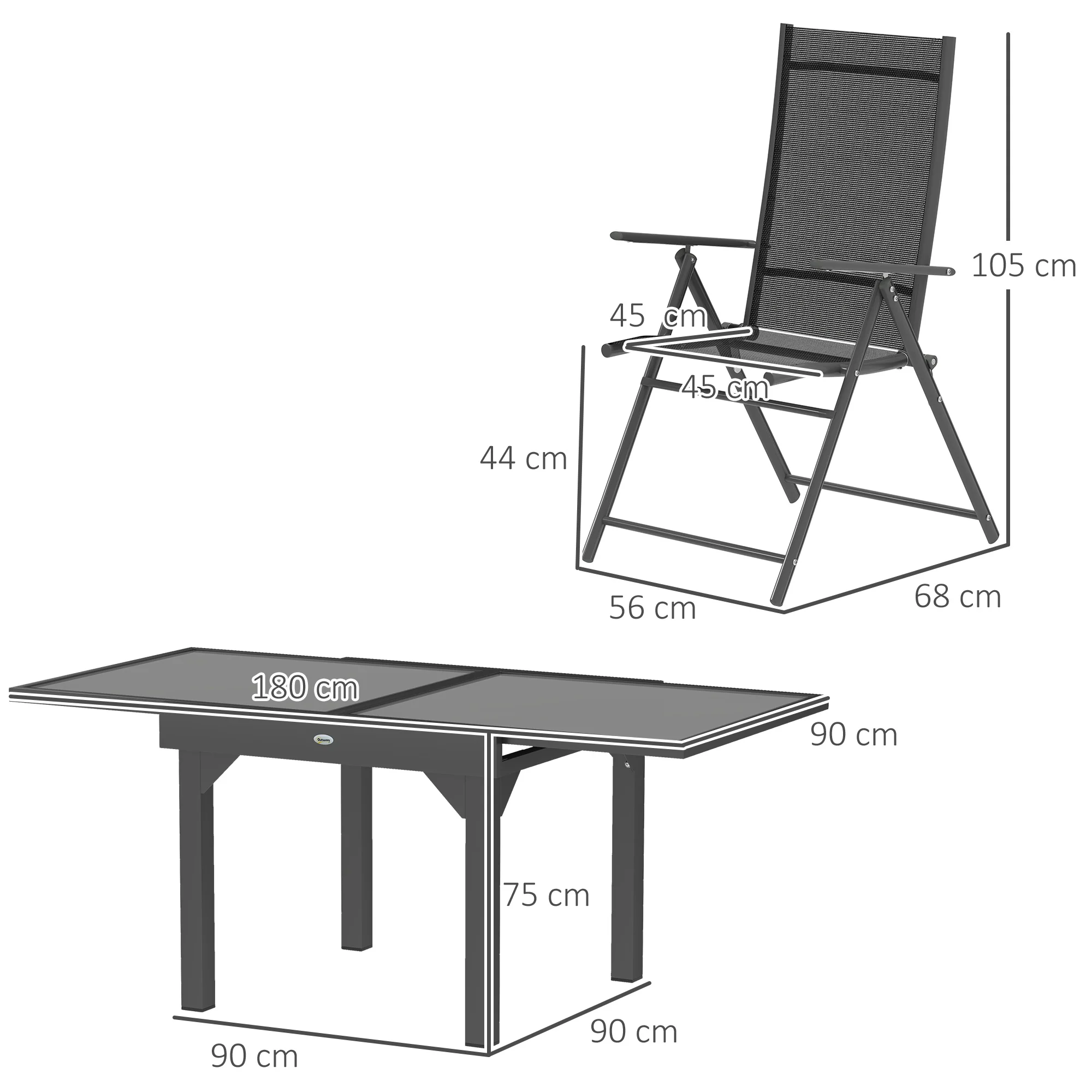 7 Piece Outdoor Dining Set, Garden Furniture Set with Extendable Table and 6 Folding Chairs, Outdoor Conversation Set with 5mm Tempered Glass Top & Aluminium Frame, for Patio, Balcony, Deck - Image 5