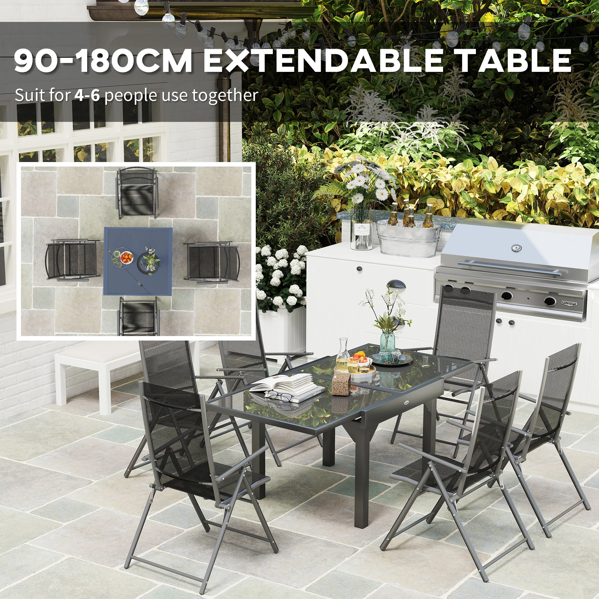 7 Piece Outdoor Dining Set, Garden Furniture Set with Extendable Table and 6 Folding Chairs, Outdoor Conversation Set with 5mm Tempered Glass Top & Aluminium Frame, for Patio, Balcony, Deck - Image 6