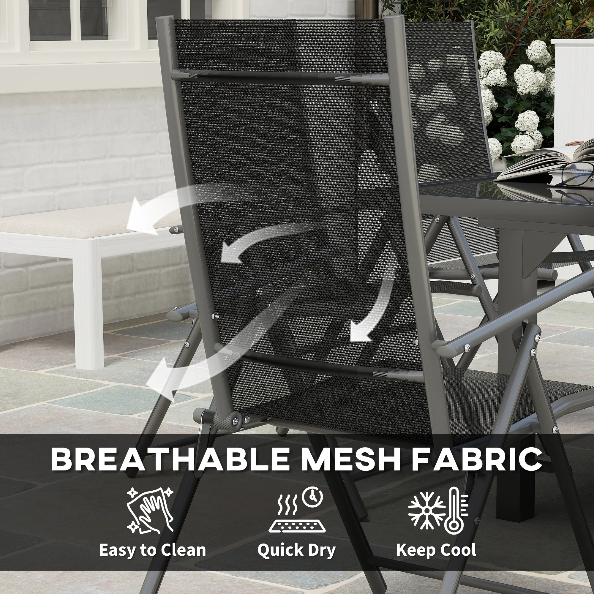 7 Piece Outdoor Dining Set, Garden Furniture Set with Extendable Table and 6 Folding Chairs, Outdoor Conversation Set with 5mm Tempered Glass Top & Aluminium Frame, for Patio, Balcony, Deck - Image 8