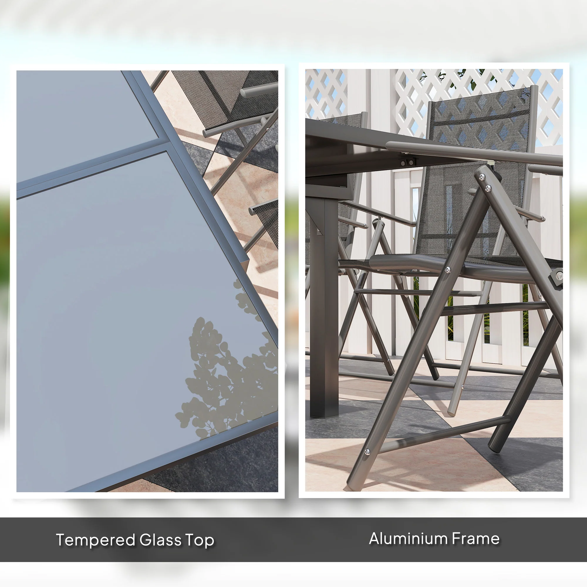 7 Piece Outdoor Dining Set, Garden Furniture Set with Extendable Table and 6 Folding Chairs, Outdoor Conversation Set with 5mm Tempered Glass Top & Aluminium Frame, for Patio, Balcony, Deck - Image 9