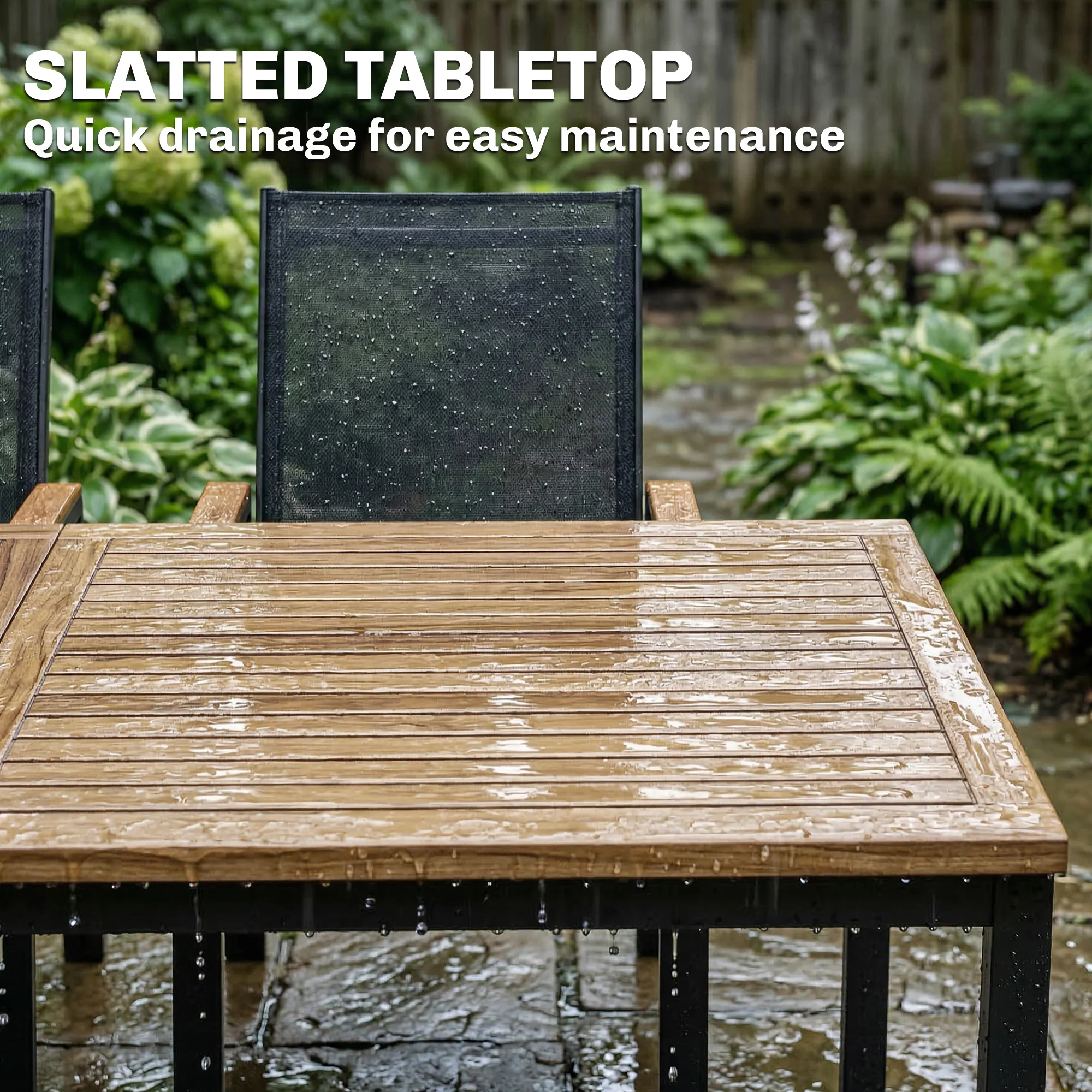 7-Piece Outdoor Dining Set with Slatted Rectangle Table and 6 Mesh Chairs, Black - Image 9