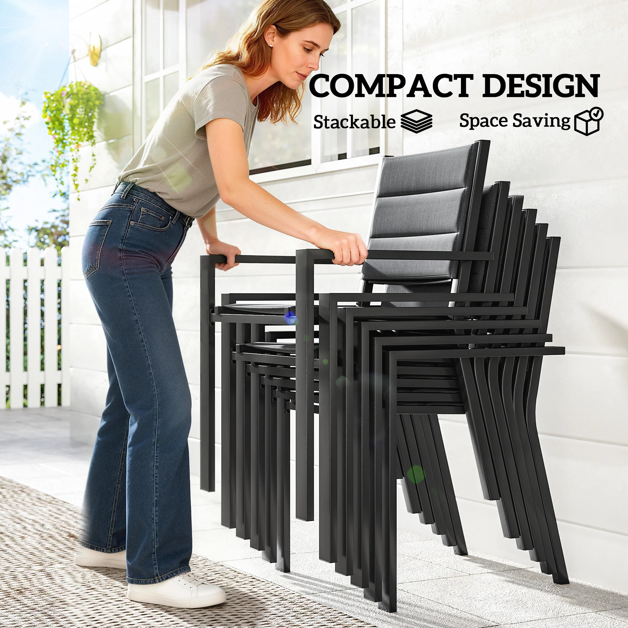 7pc Patio Dining Set with Expandable Table and Stackable Chairs, Black - Image 7