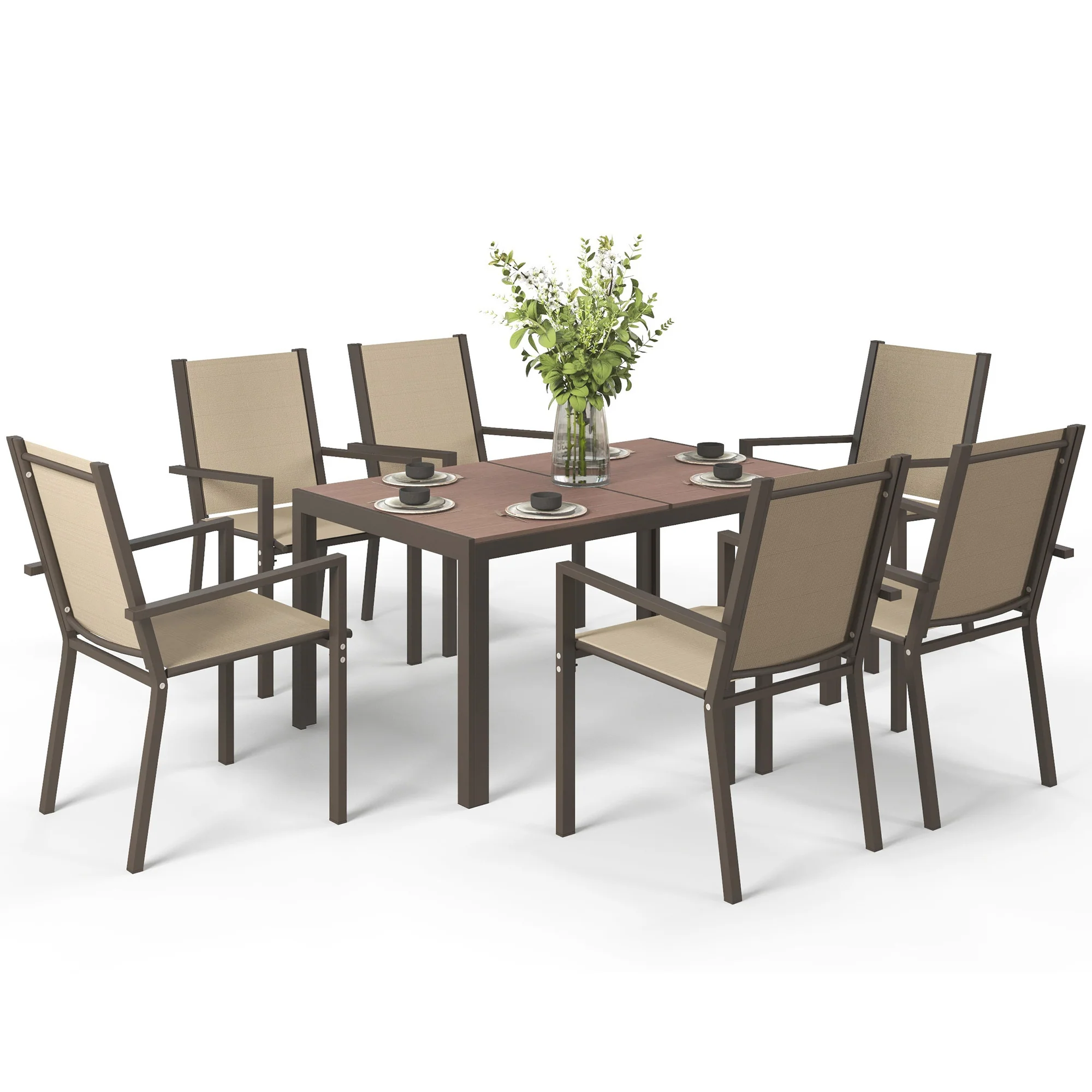 7pc Patio Dining Set with WPC Table and 6 Stackable Chairs, Khaki - Image 2
