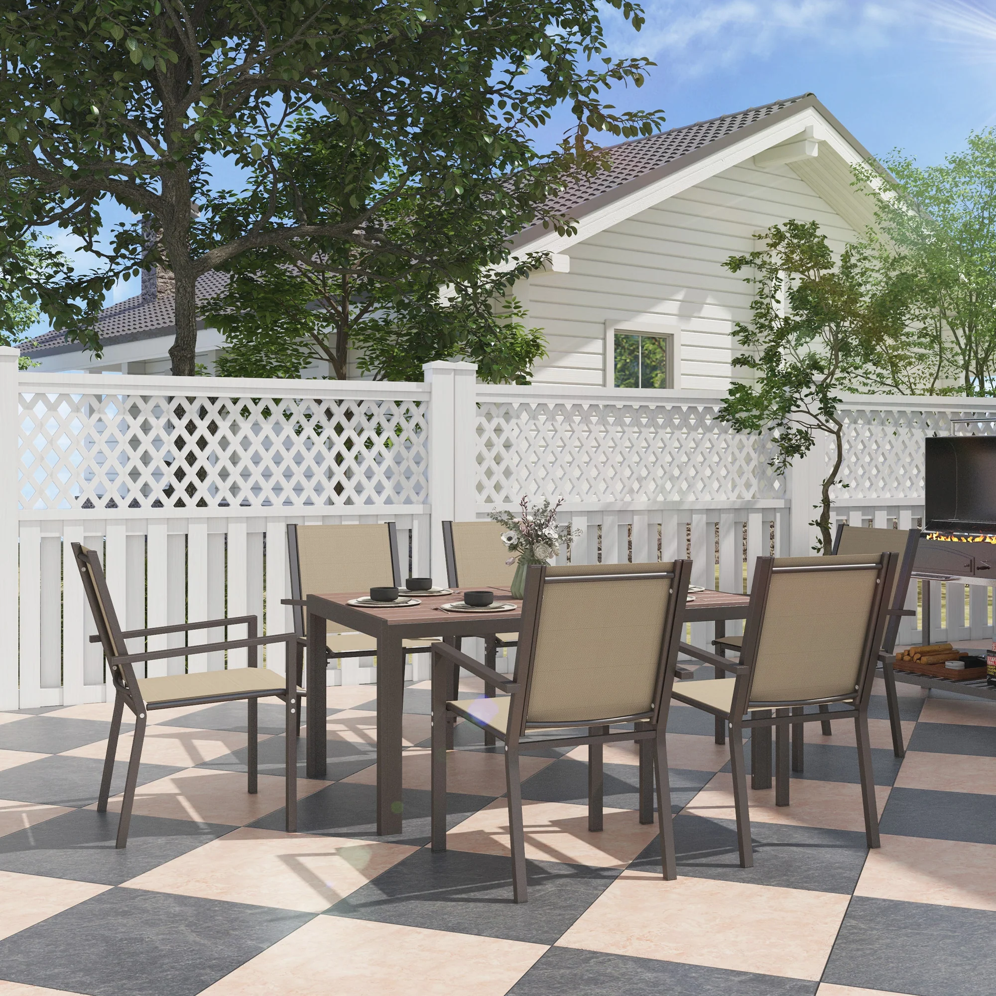 7pc Patio Dining Set with WPC Table and 6 Stackable Chairs, Khaki - Image 3