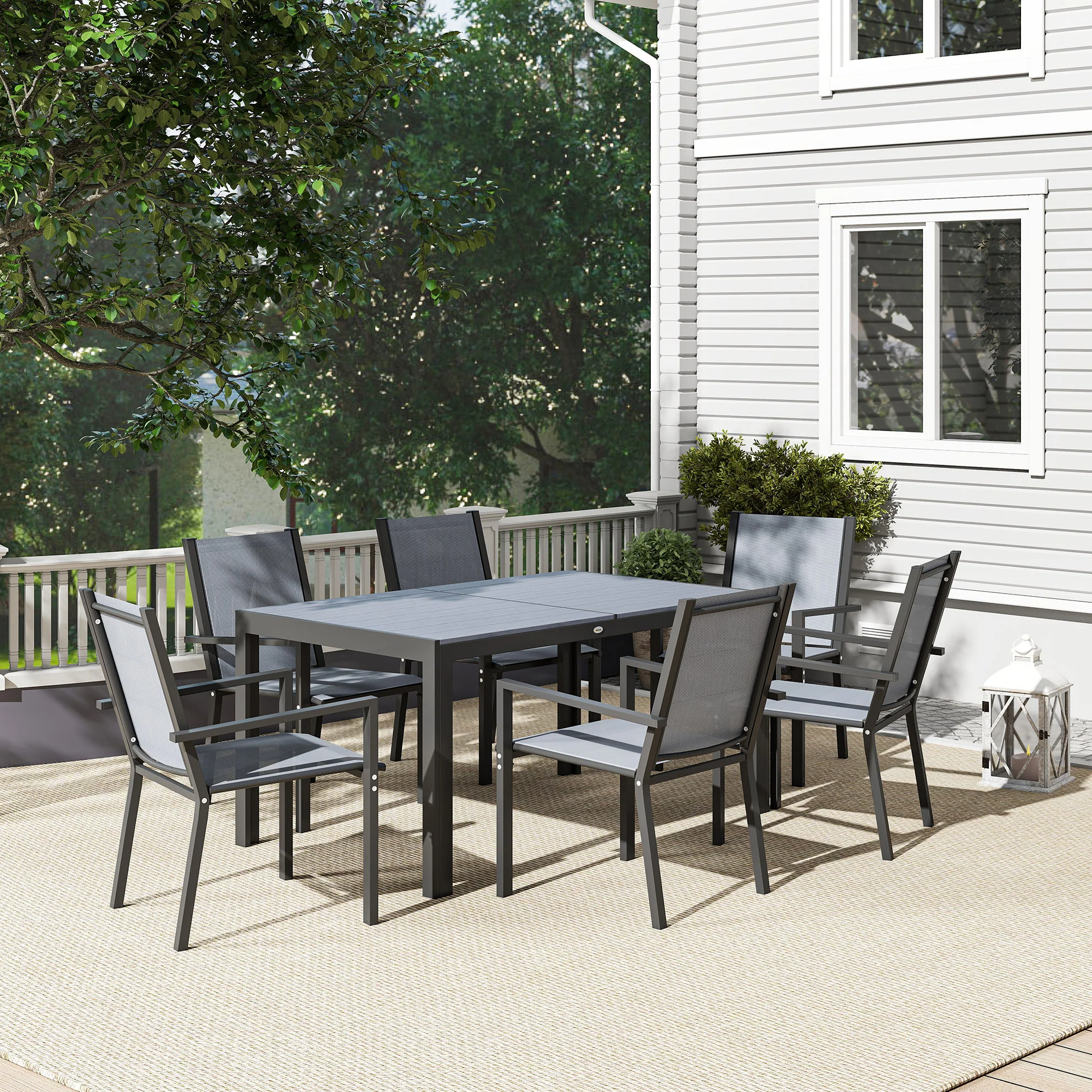 7pc Patio Dining Set with WPC Table and 6 Stackable Chairs, Light Grey - Image 10
