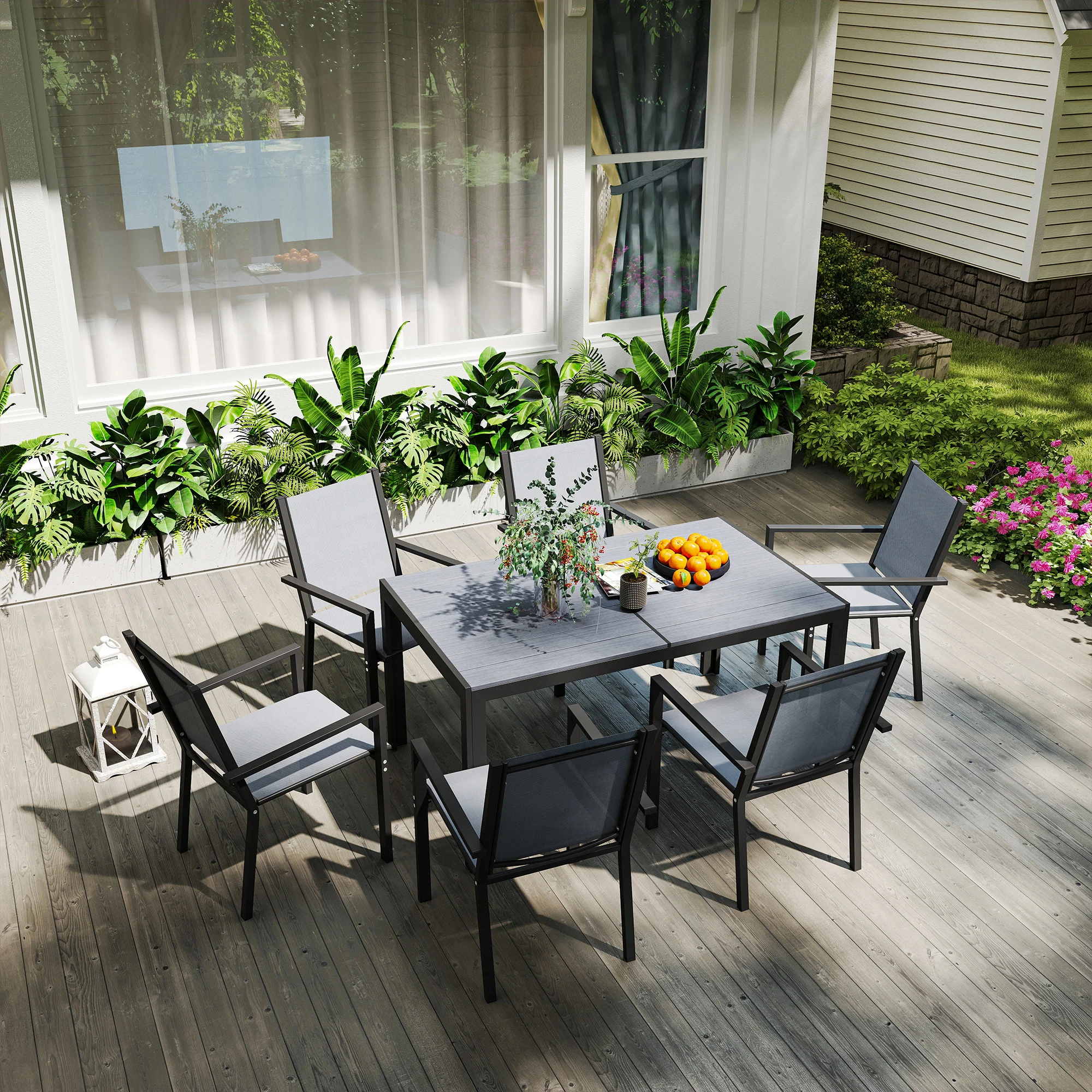 7pc Patio Dining Set with WPC Table and 6 Stackable Chairs, Light Grey - Image 11