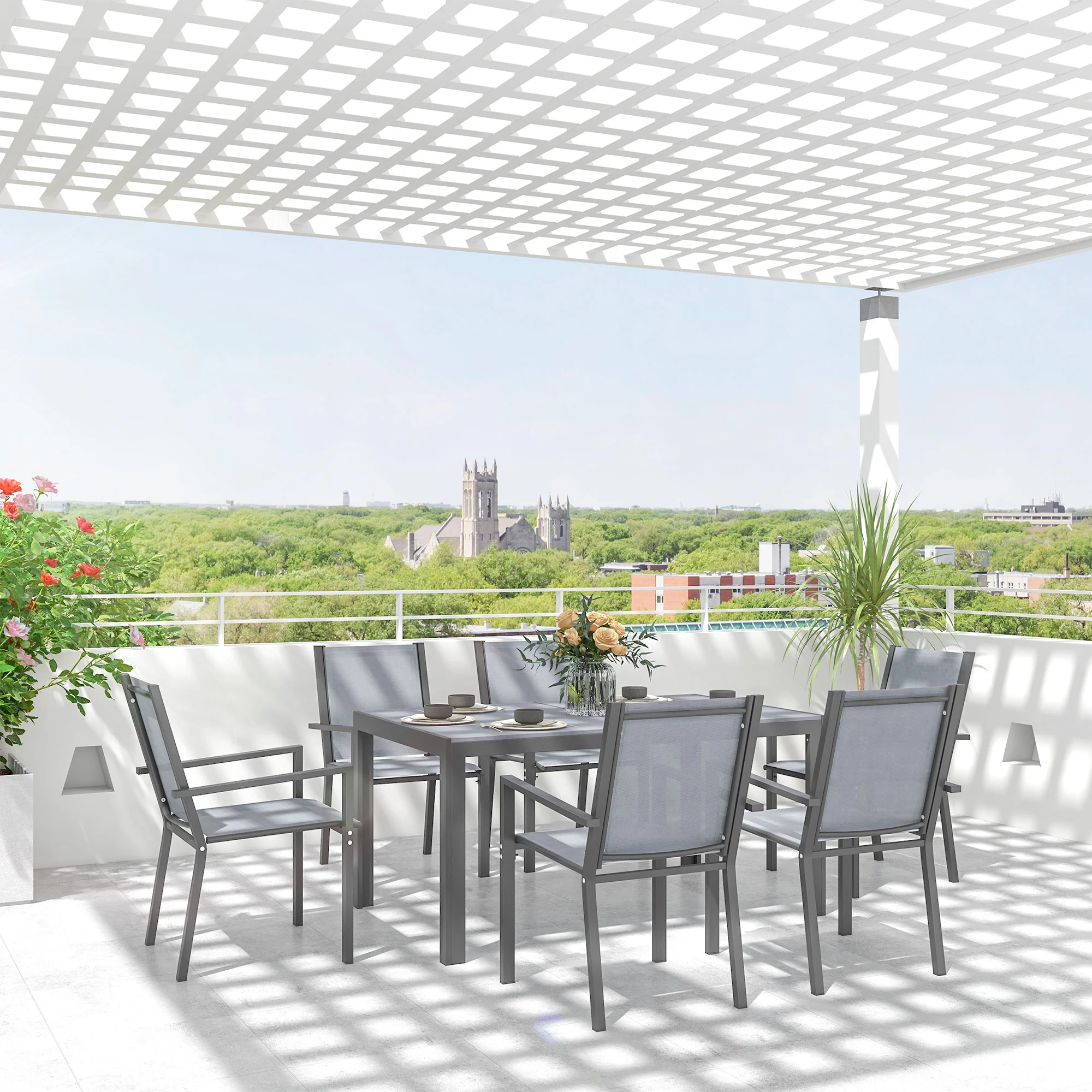 7pc Patio Dining Set with WPC Table and 6 Stackable Chairs, Light Grey - Image 4