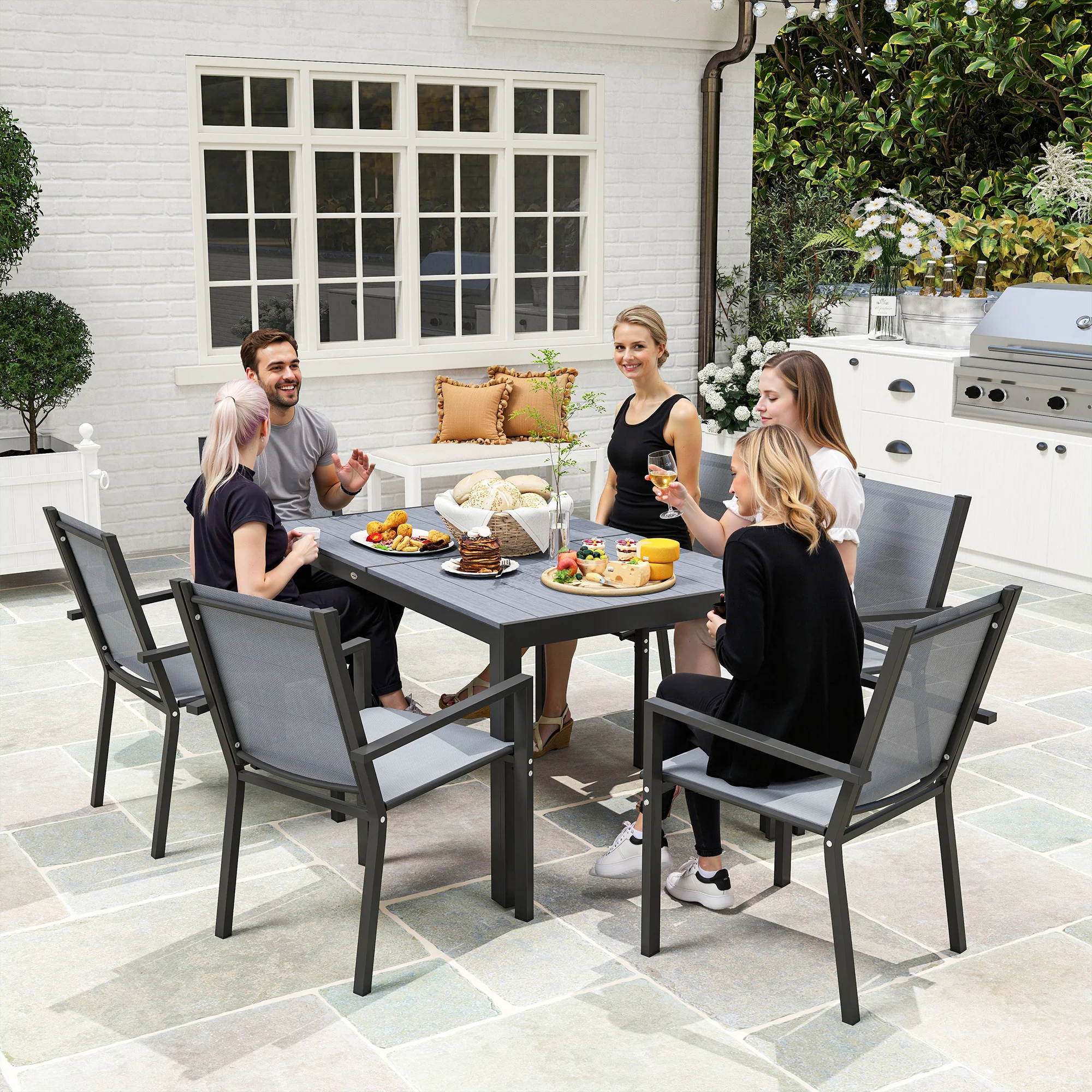 7pc Patio Dining Set with WPC Table and 6 Stackable Chairs, Light Grey - Image 9