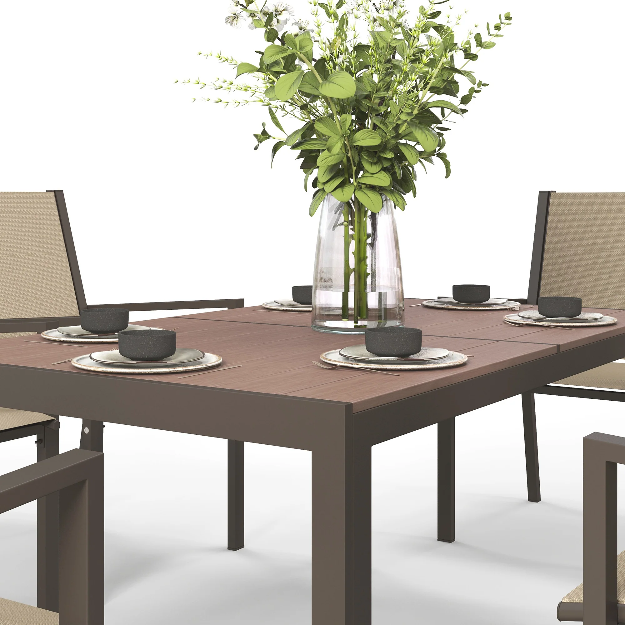 7pc Patio Dining Set with WPC Table and 6 Stackable Chairs, Khaki - Image 9