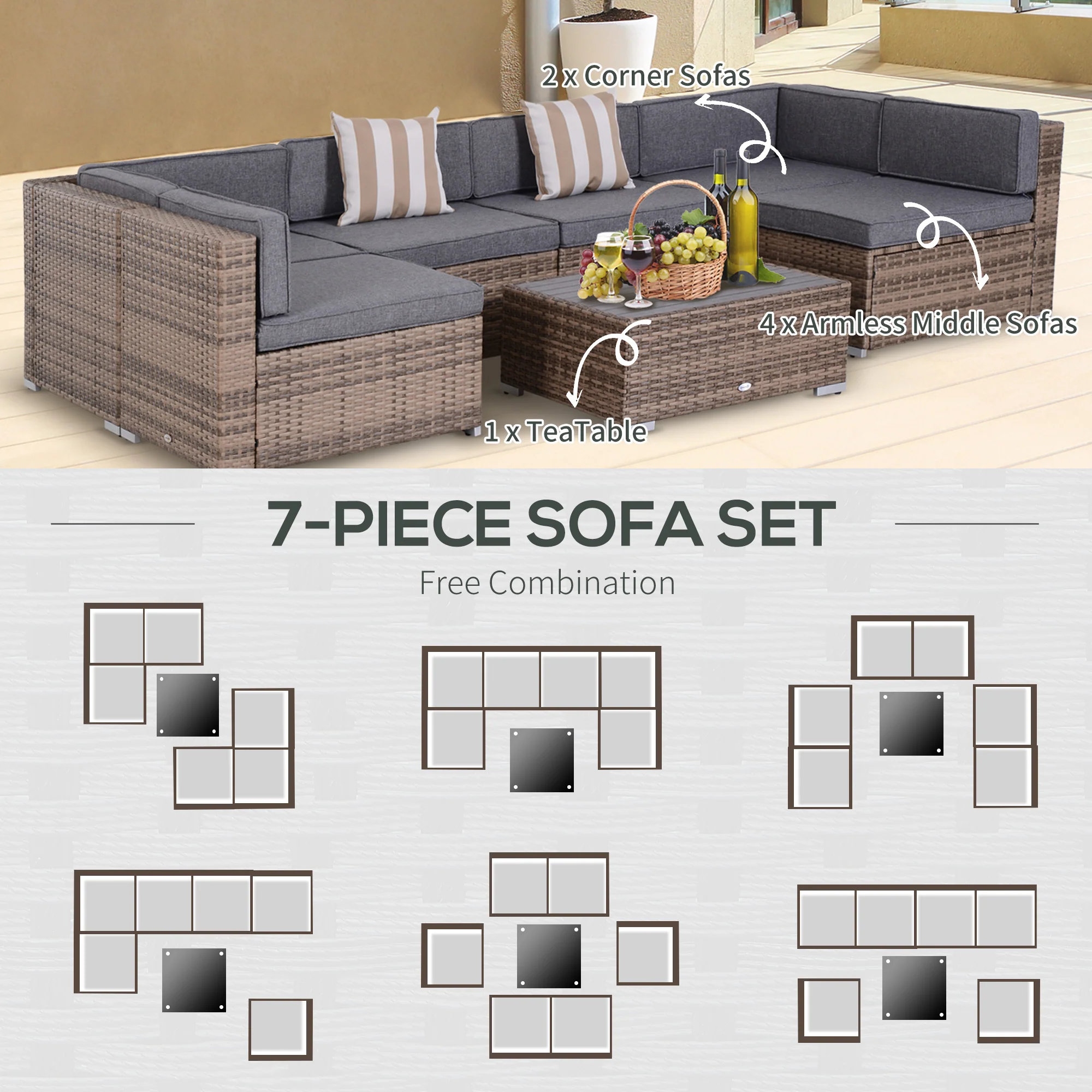 7-Piece PE Rattan Sectional Sofa Set with Glass Table and Cushions, Grey - Image 8