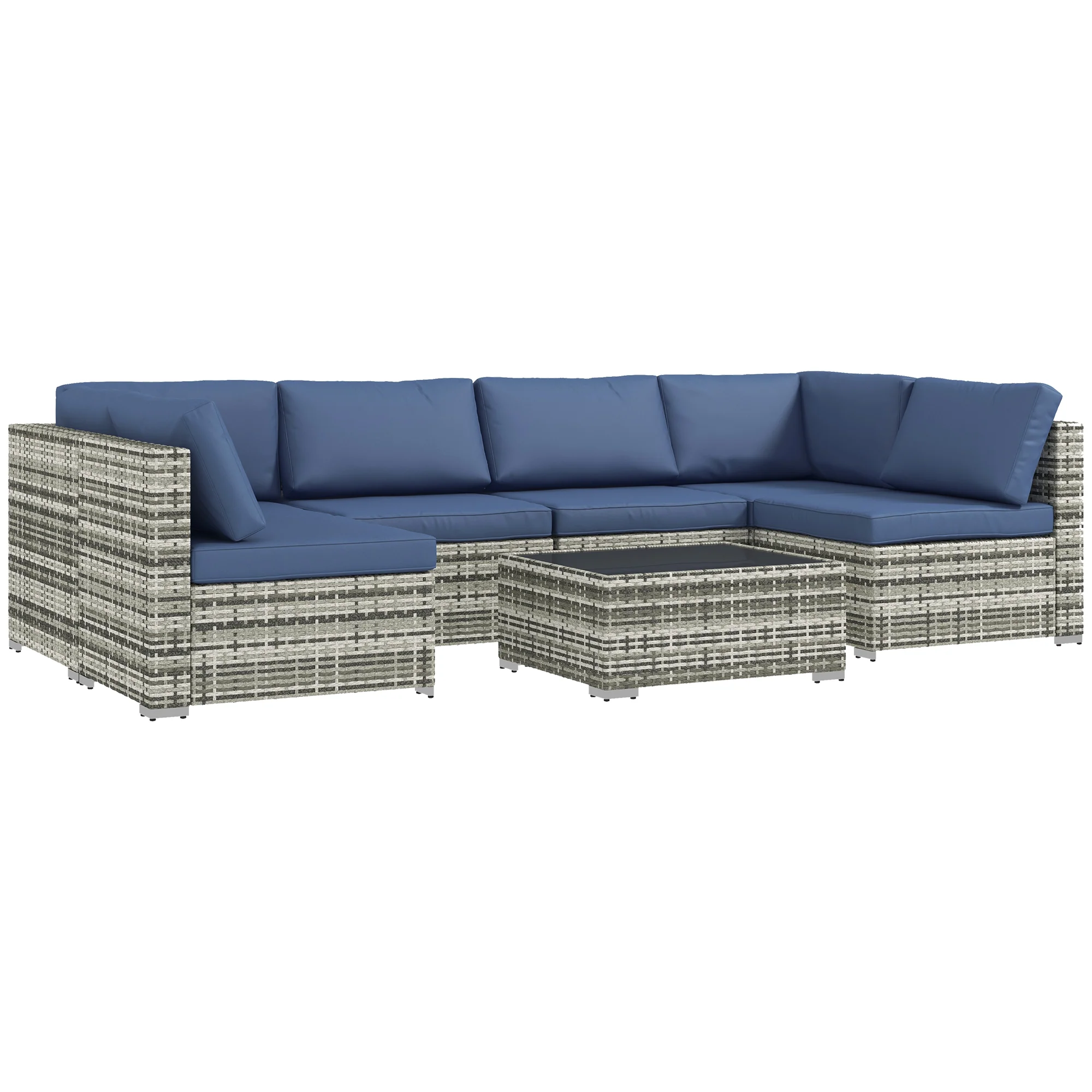 7-Piece All-Weather Rattan Sectional Sofa with Glass Tabletop & Cushions, Blue