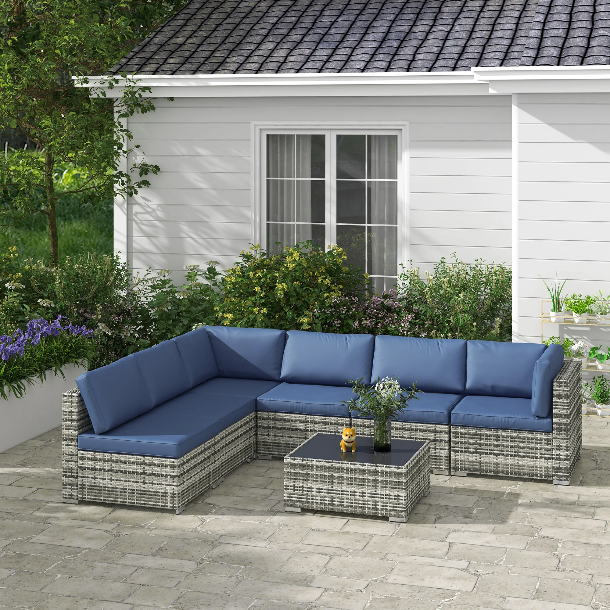 7-Piece All-Weather Rattan Sectional Sofa with Glass Tabletop & Cushions, Blue - Image 11