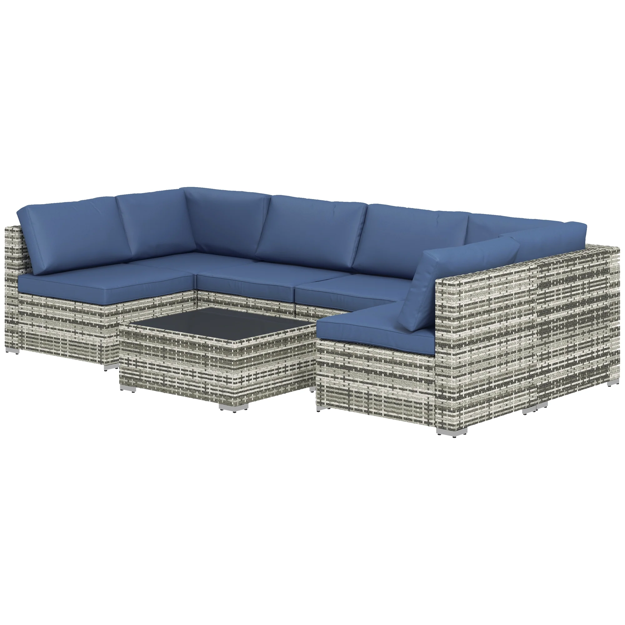 7-Piece All-Weather Rattan Sectional Sofa with Glass Tabletop & Cushions, Blue - Image 2