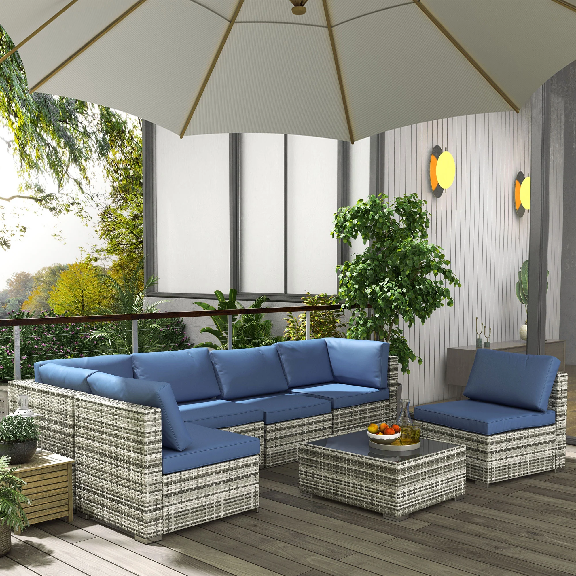 7-Piece All-Weather Rattan Sectional Sofa with Glass Tabletop & Cushions, Blue - Image 3