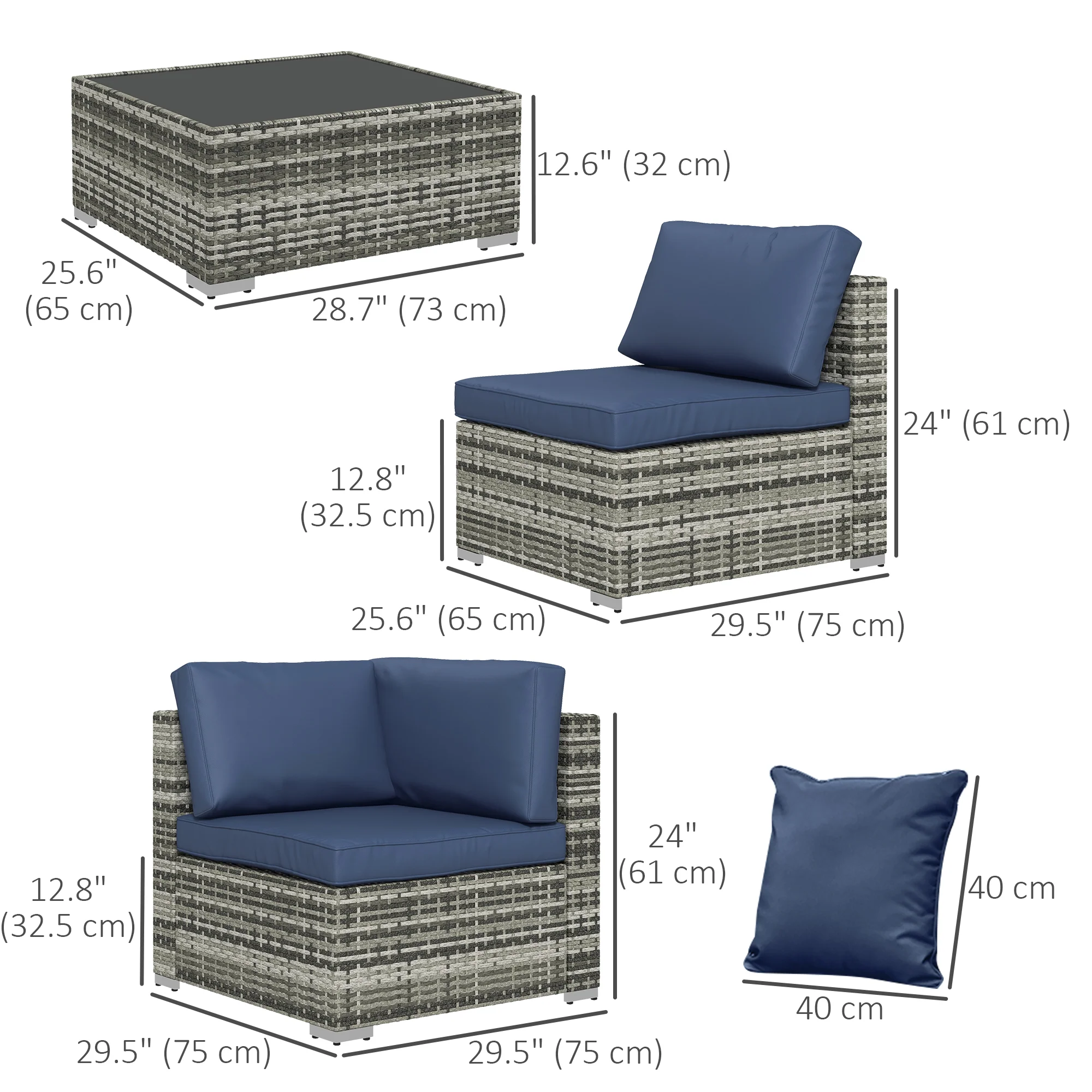 7-Piece All-Weather Rattan Sectional Sofa with Glass Tabletop & Cushions, Blue - Image 5