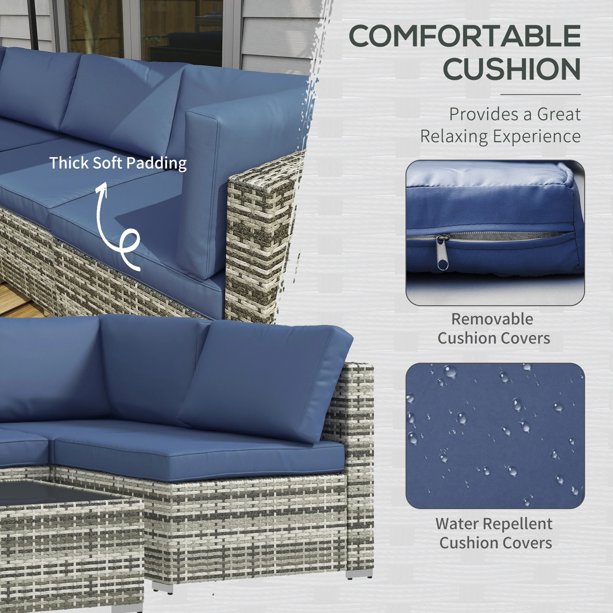 7-Piece All-Weather Rattan Sectional Sofa with Glass Tabletop & Cushions, Blue - Image 7