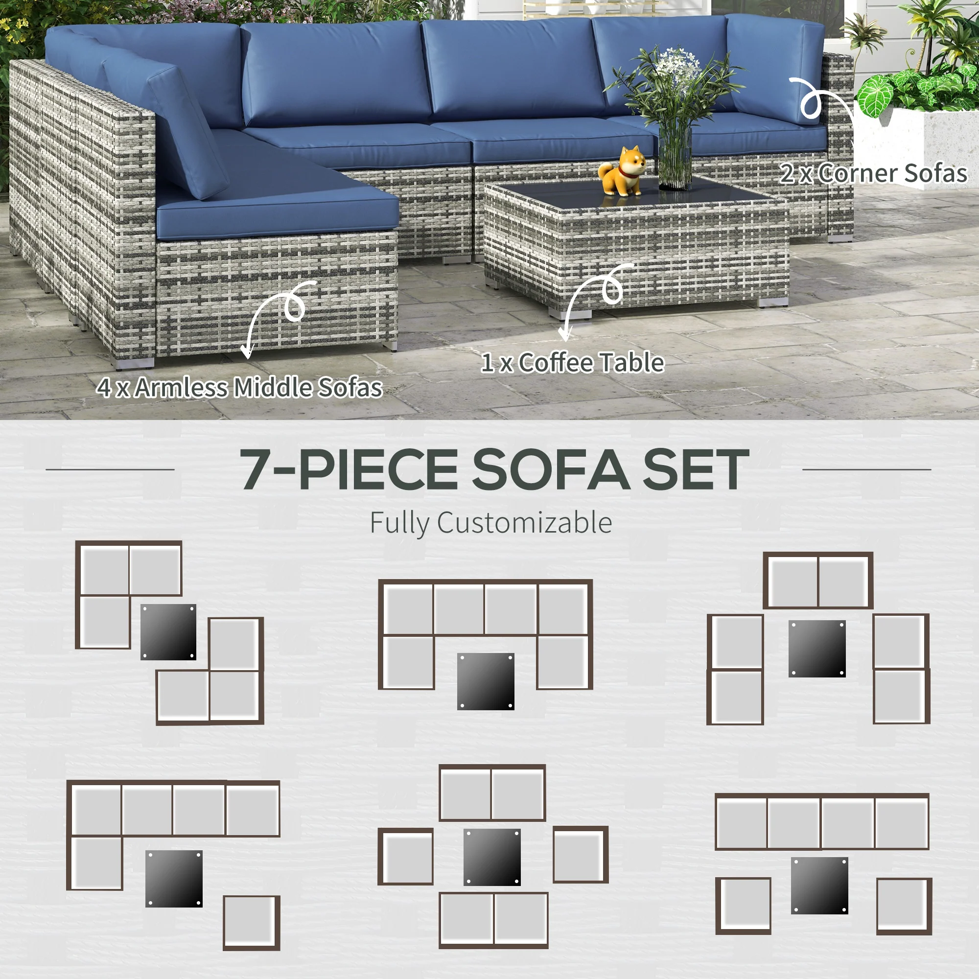 7-Piece All-Weather Rattan Sectional Sofa with Glass Tabletop & Cushions, Blue - Image 8