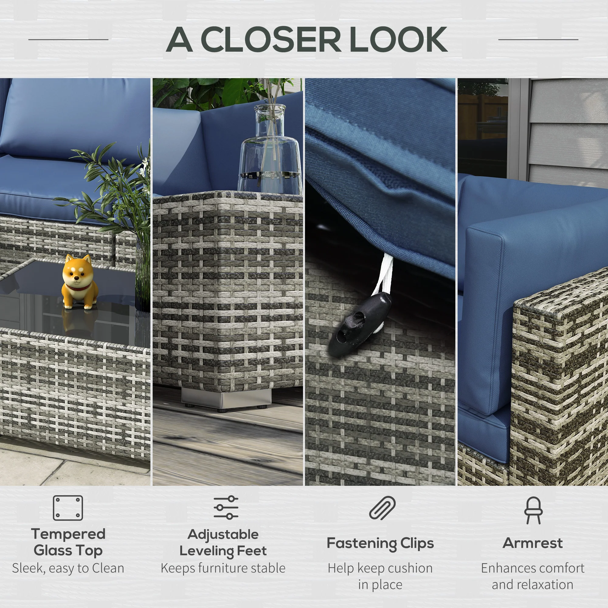 7-Piece All-Weather Rattan Sectional Sofa with Glass Tabletop & Cushions, Blue - Image 9