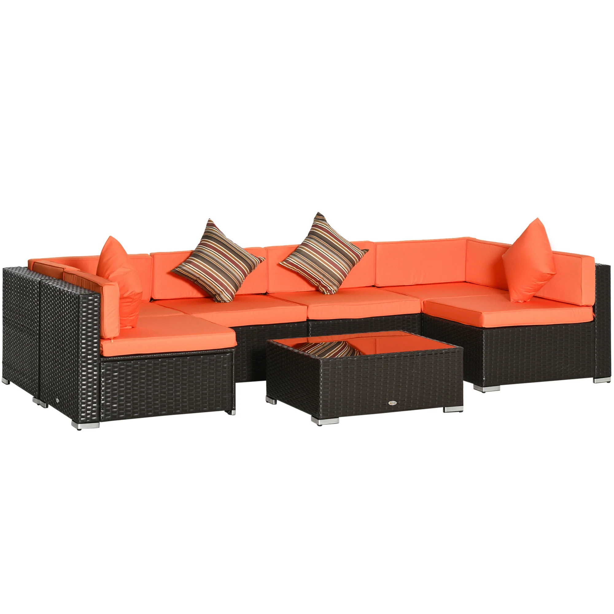 7-Piece PE Rattan Sectional Sofa Set with Glass Top and Cushions, Orange