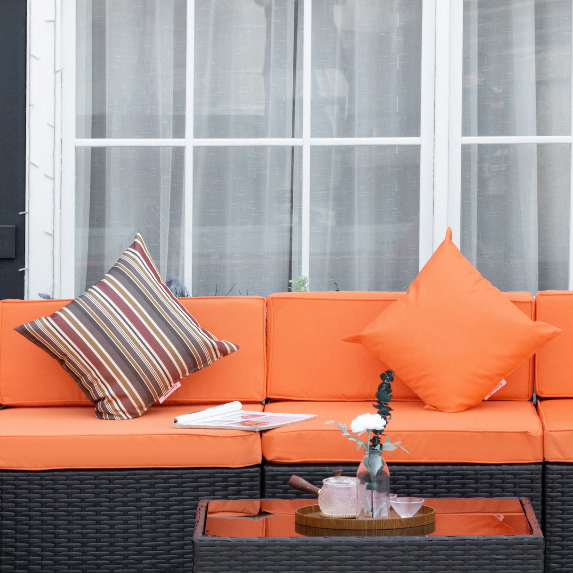 7-Piece PE Rattan Sectional Sofa Set with Glass Top and Cushions, Orange - Image 11