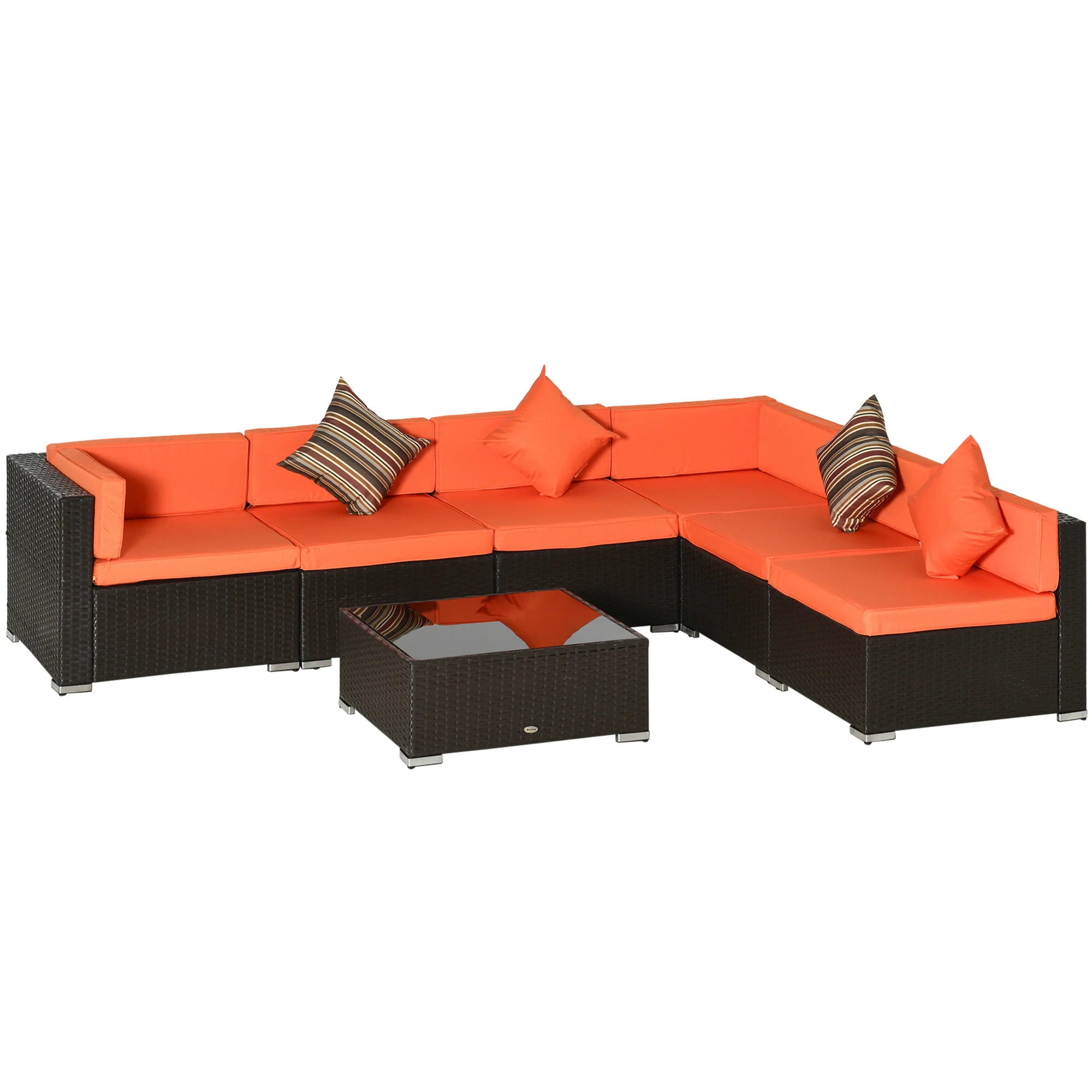 7-Piece PE Rattan Sectional Sofa Set with Glass Top and Cushions, Orange - Image 2