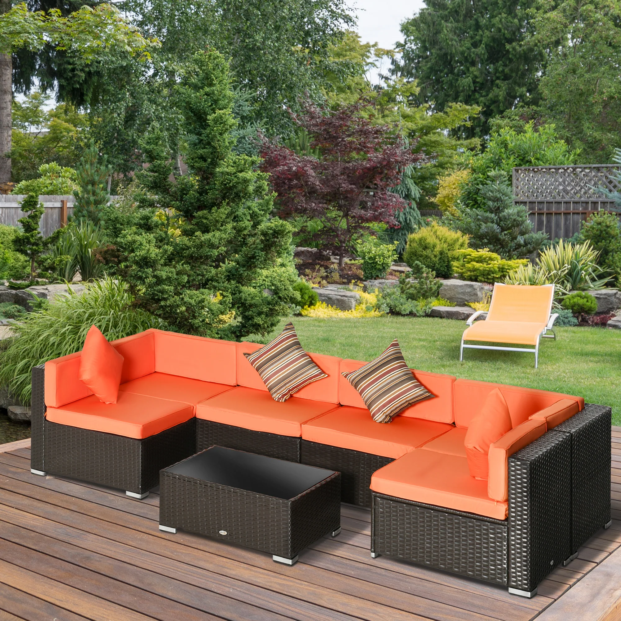 7-Piece PE Rattan Sectional Sofa Set with Glass Top and Cushions, Orange - Image 3