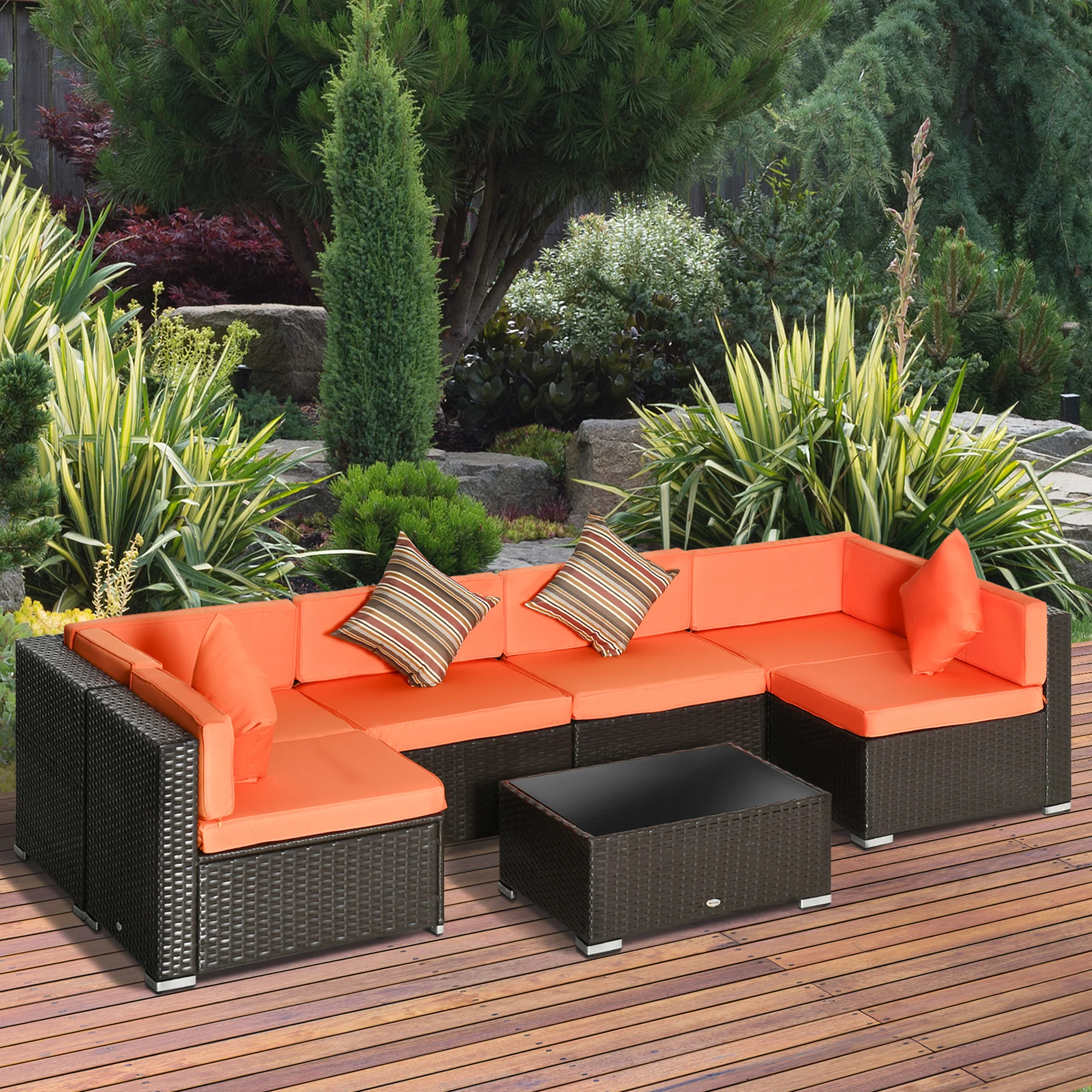 7-Piece PE Rattan Sectional Sofa Set with Glass Top and Cushions, Orange - Image 4