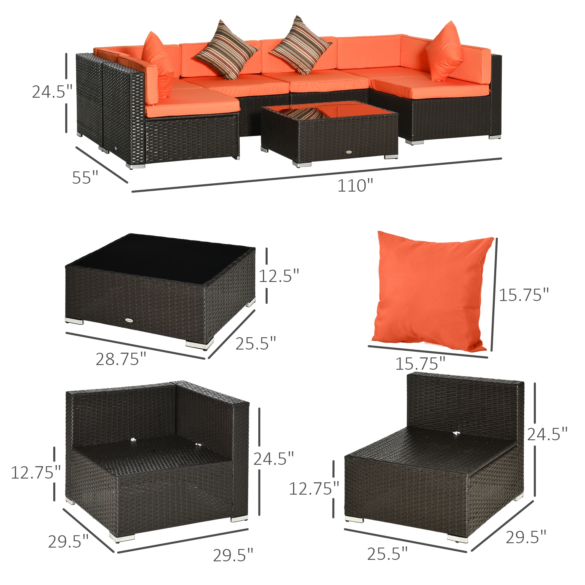 7-Piece PE Rattan Sectional Sofa Set with Glass Top and Cushions, Orange - Image 5