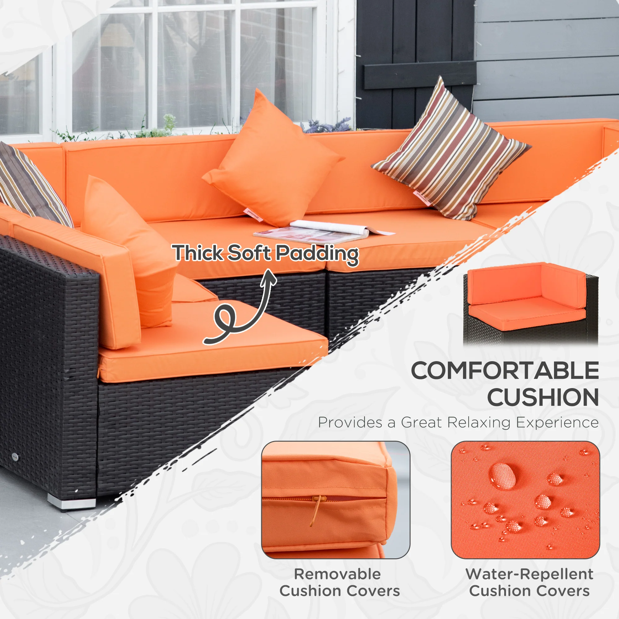 7-Piece PE Rattan Sectional Sofa Set with Glass Top and Cushions, Orange - Image 7