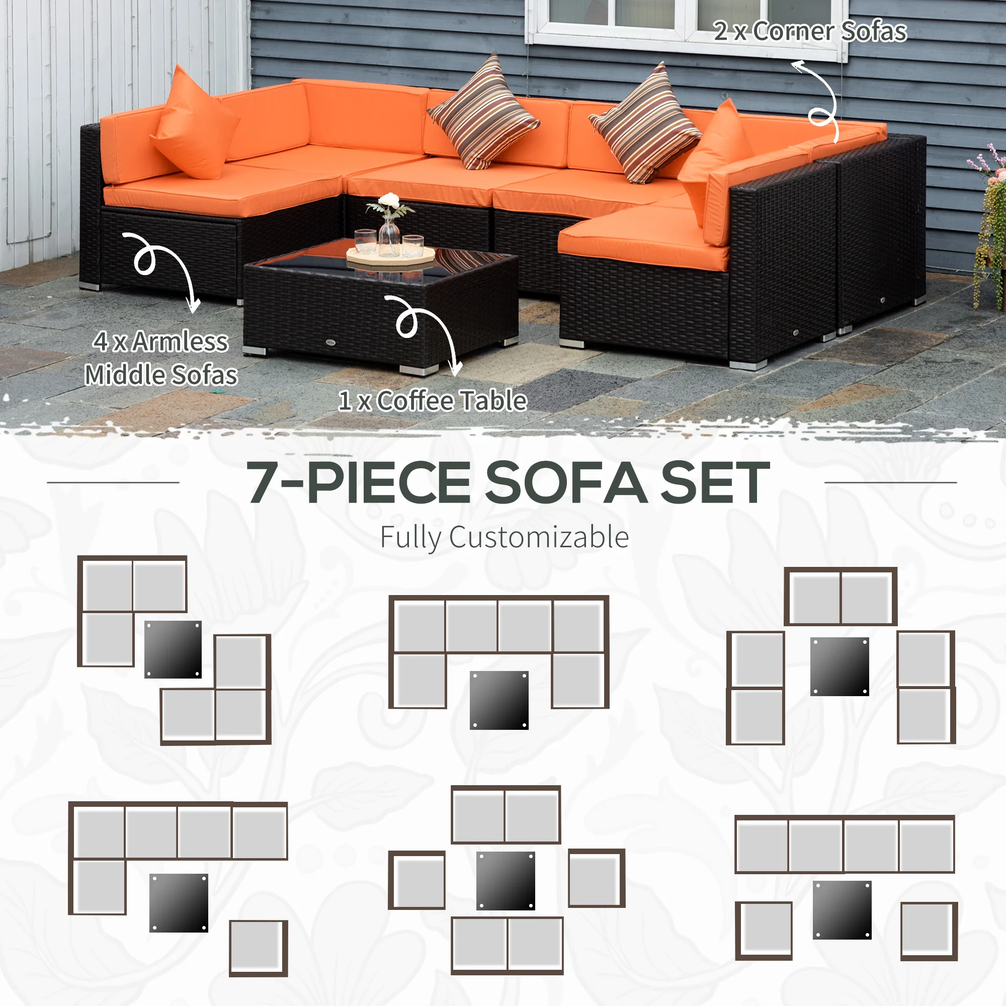7-Piece PE Rattan Sectional Sofa Set with Glass Top and Cushions, Orange - Image 8
