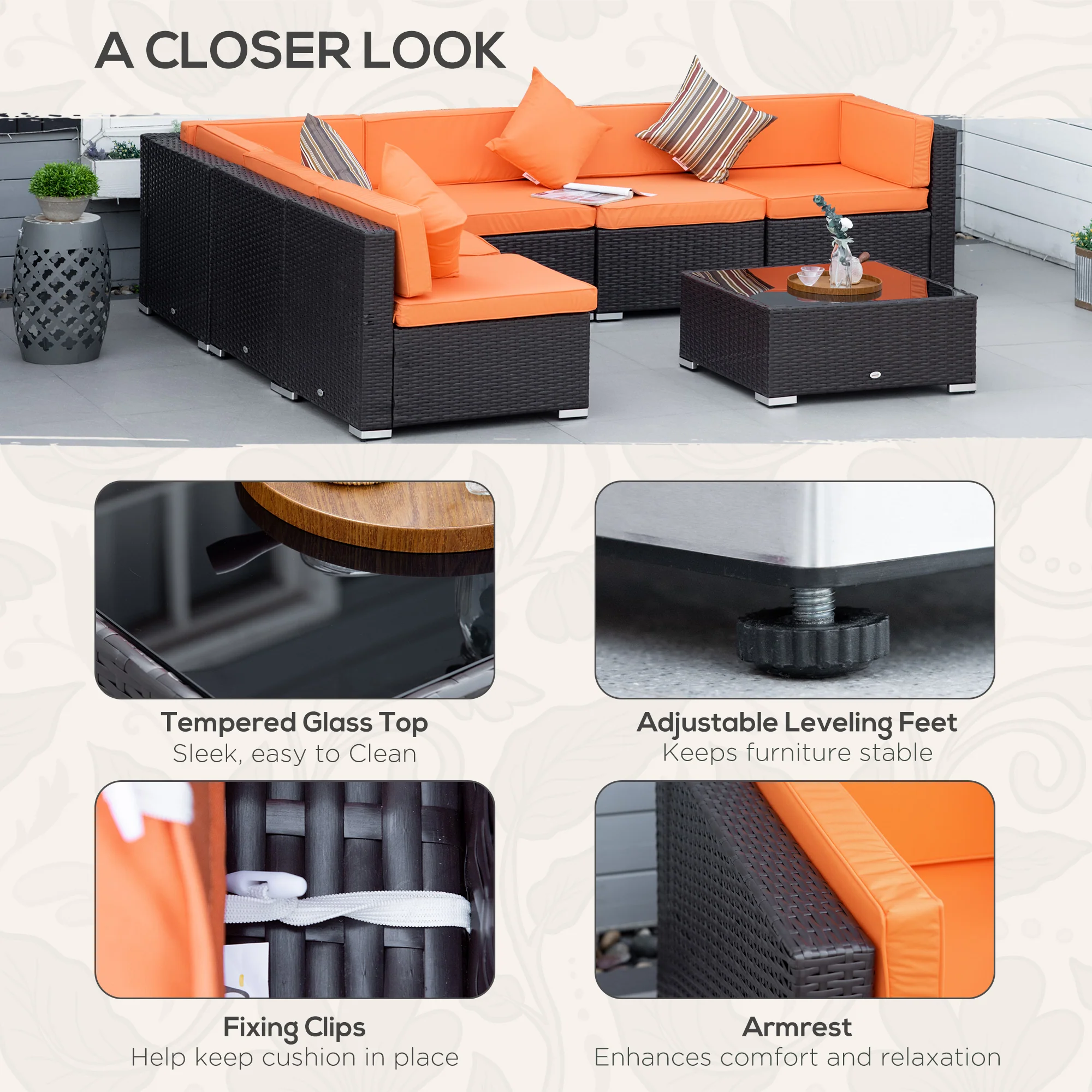 7-Piece PE Rattan Sectional Sofa Set with Glass Top and Cushions, Orange - Image 9