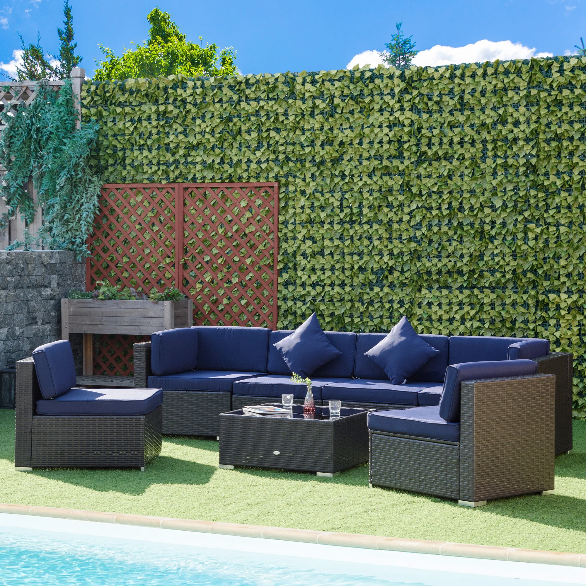 7-Piece Wicker Sectional Sofa Set with Glass Coffee Table & Cushions, Navy Blue - Image 3
