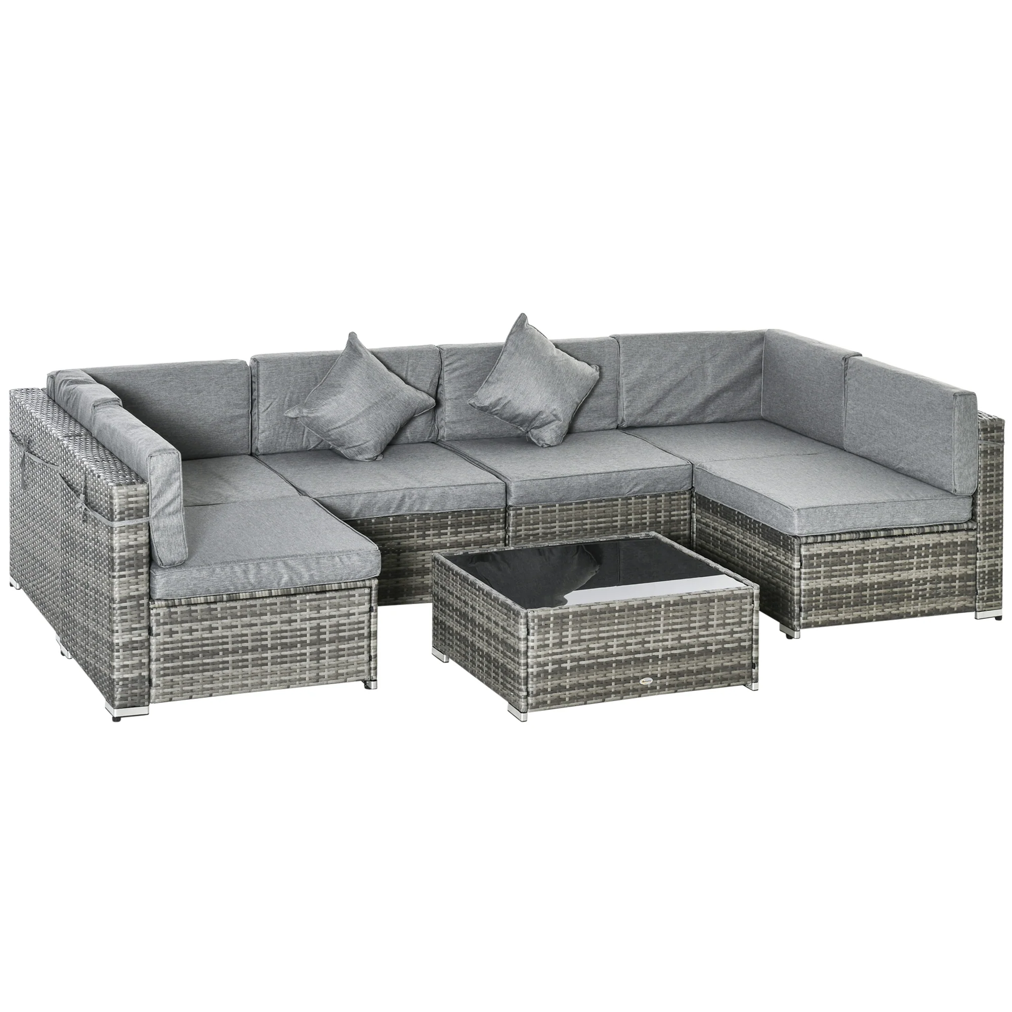 7-Piece PE Rattan Sectional Sofa Set with Glass Top & Cushions, Light Grey