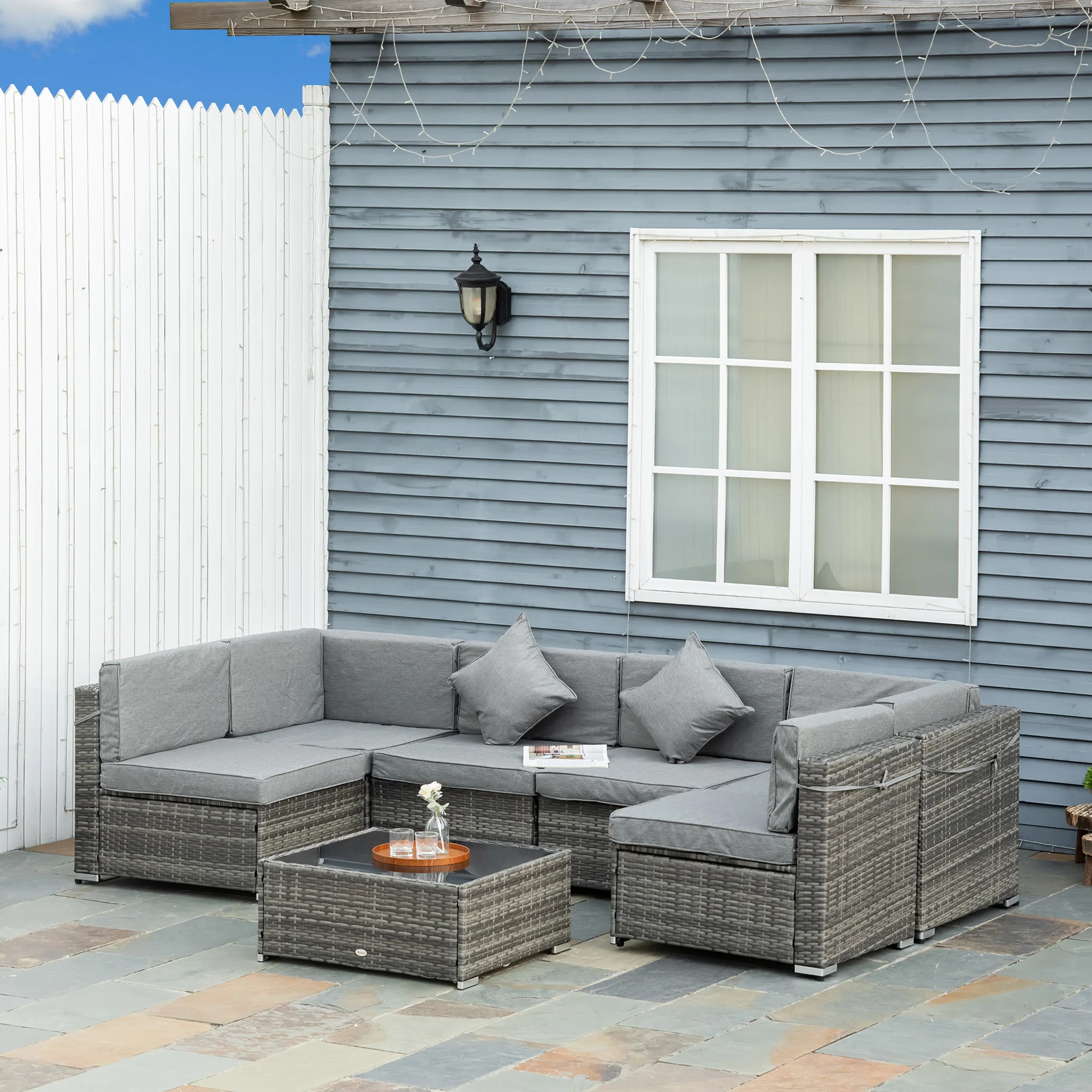 7-Piece PE Rattan Sectional Sofa Set with Glass Top & Cushions, Light Grey - Image 3